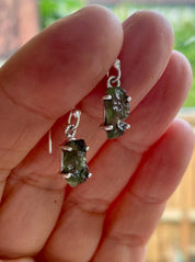 Natural Hexagon Cut Moldavite Sterling Silver Dangle Earrings