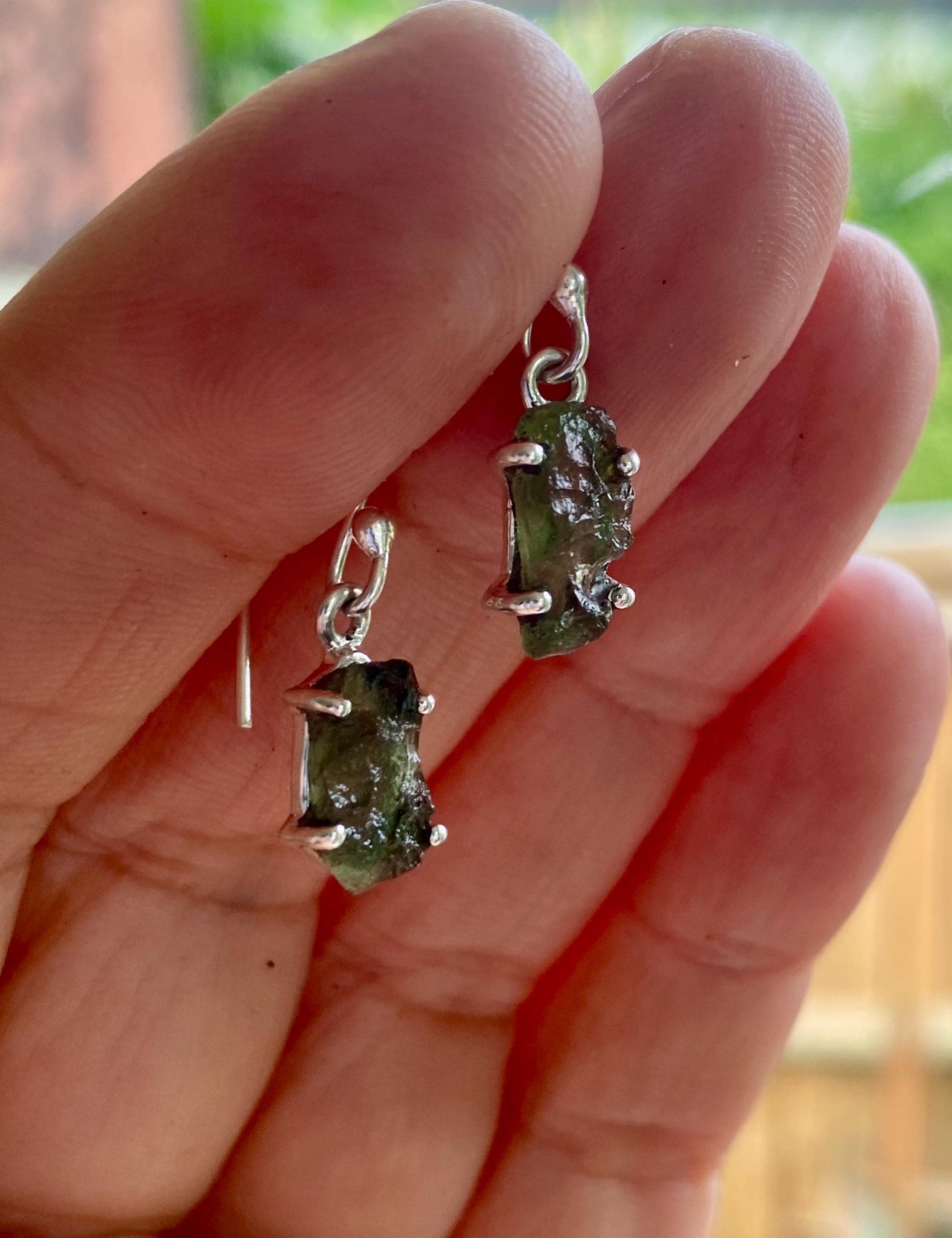Natural Hexagon Cut Moldavite Sterling Silver Dangle Earrings