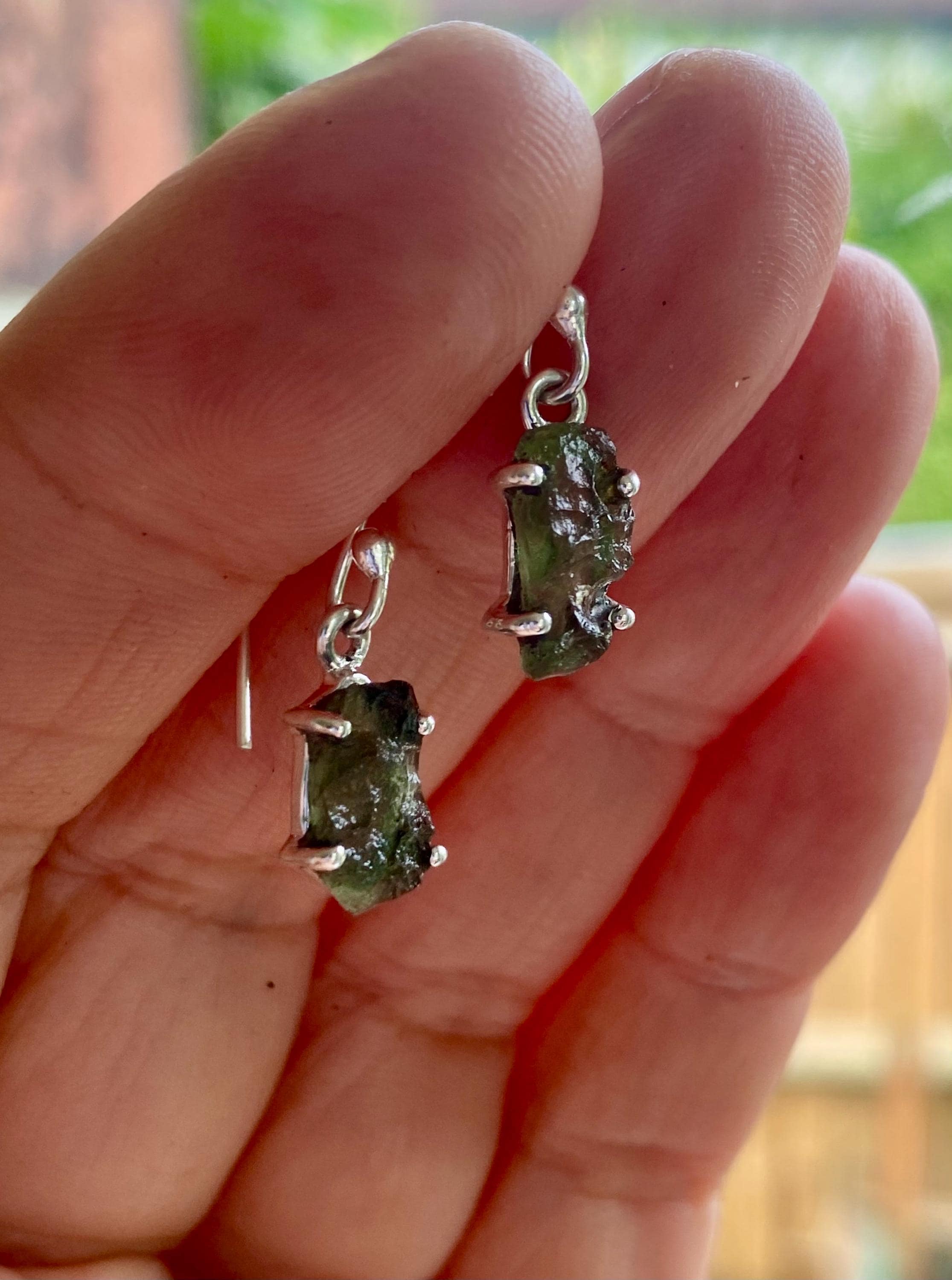 Natural Hexagon Cut Moldavite Sterling Silver Dangle Earrings