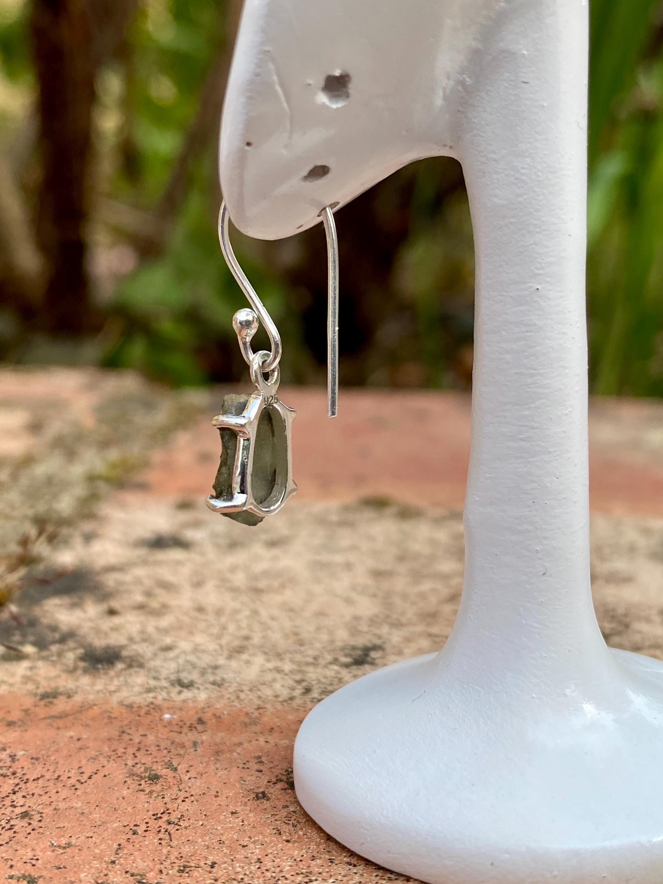 Natural Hexagon Cut Moldavite Sterling Silver Dangle Earrings