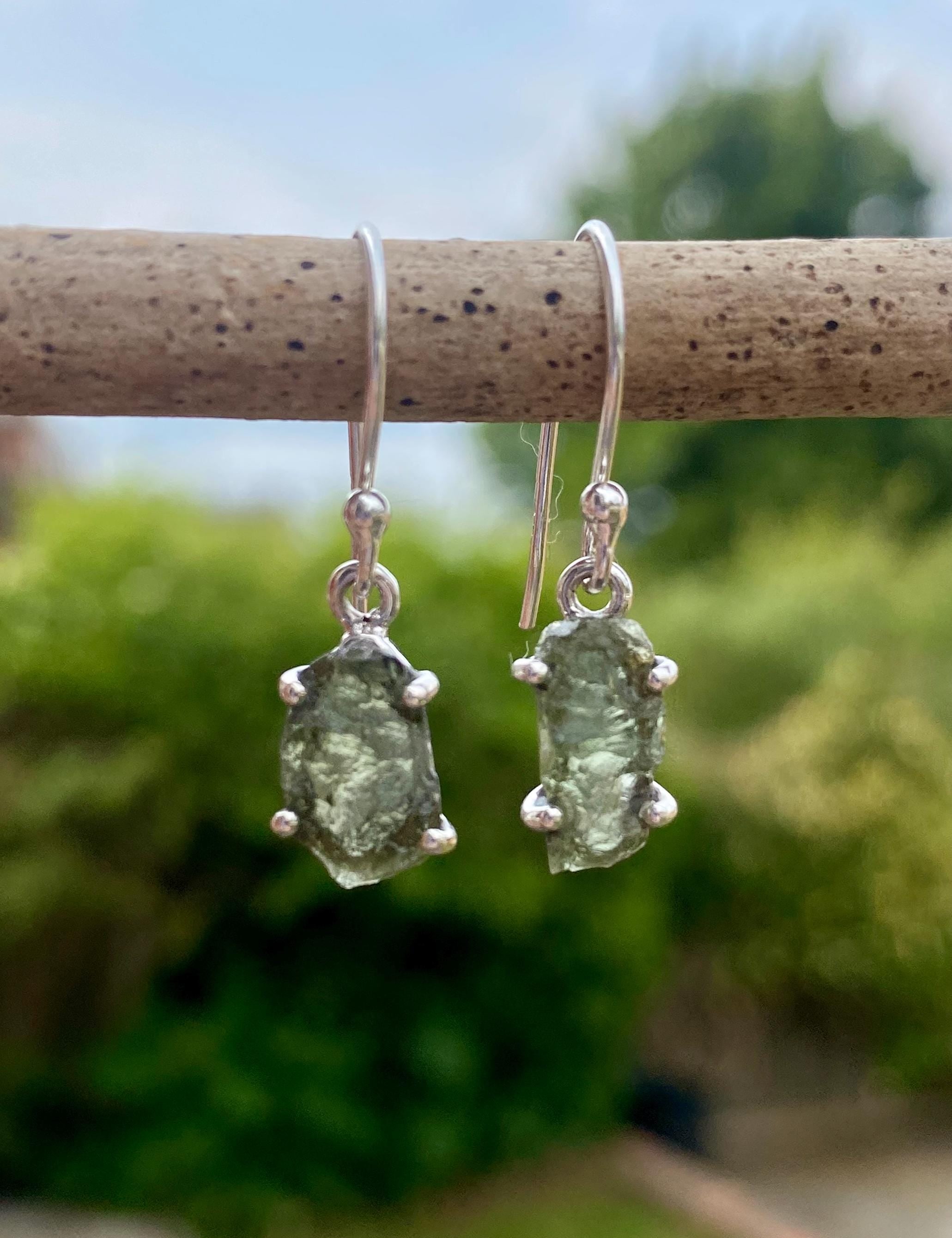 Natural Hexagon Cut Moldavite Sterling Silver Dangle Earrings