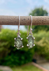 Natural Moldavite Dangle Earrings Uncut Sterling Silver, Handmade UK