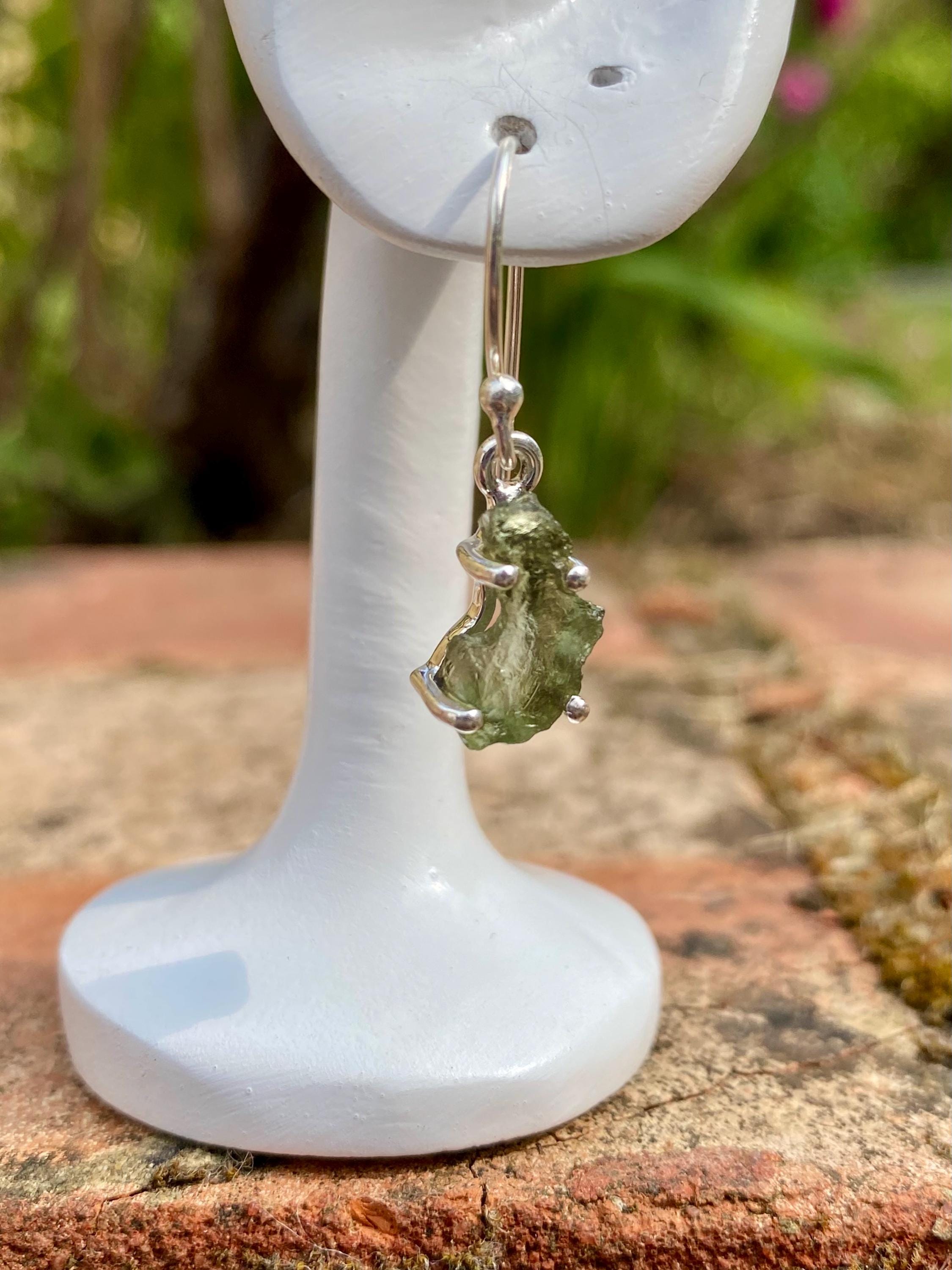 Natural Uncut Moldavite Sterling Silver Dangle Earrings
