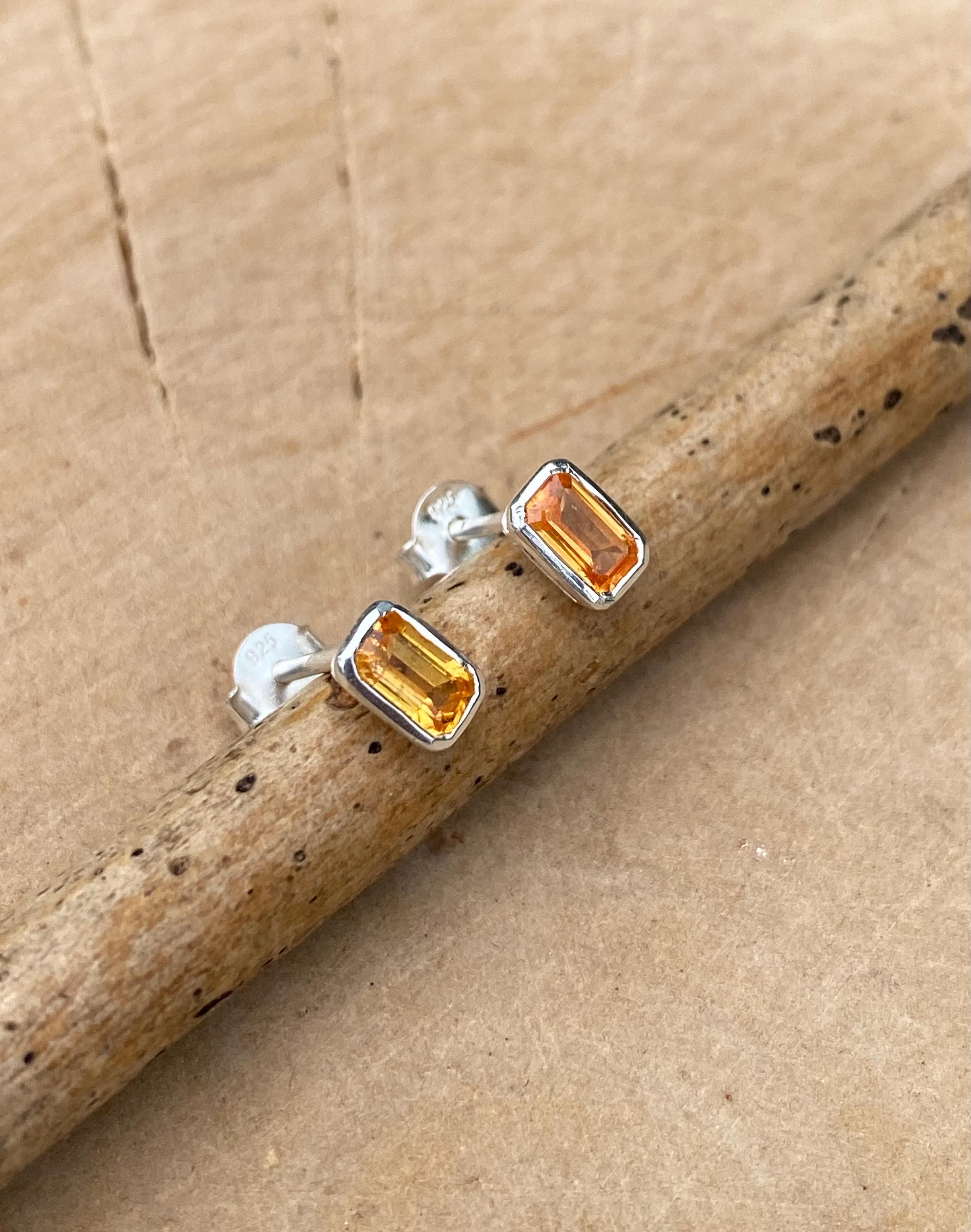 Emerald cut Mandarin Spessartite Garnet Sterling Silver Stud Earrings