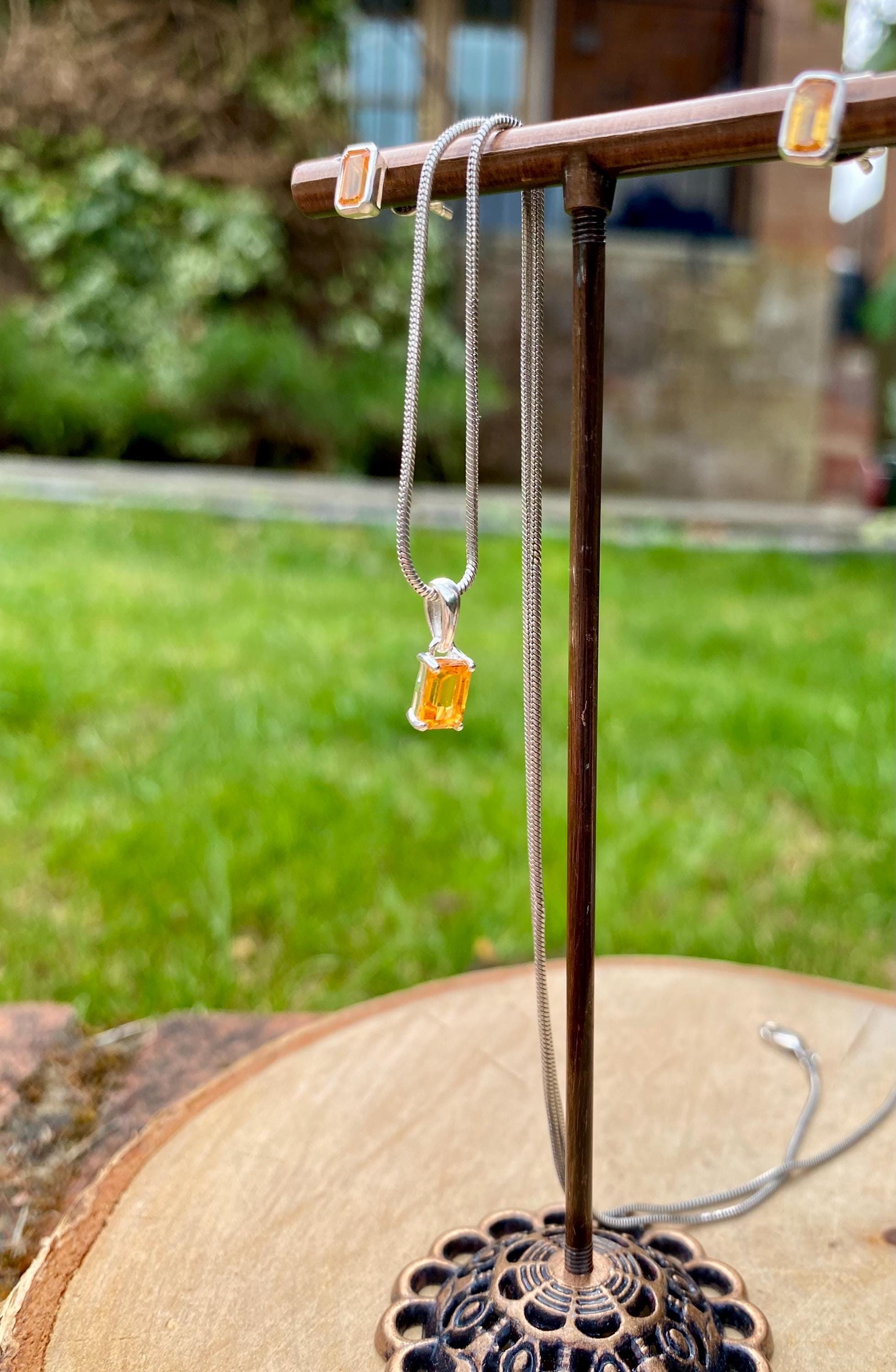 Emerald Cut Mandarin Spessartite Garnet Sterling Silver Pendant