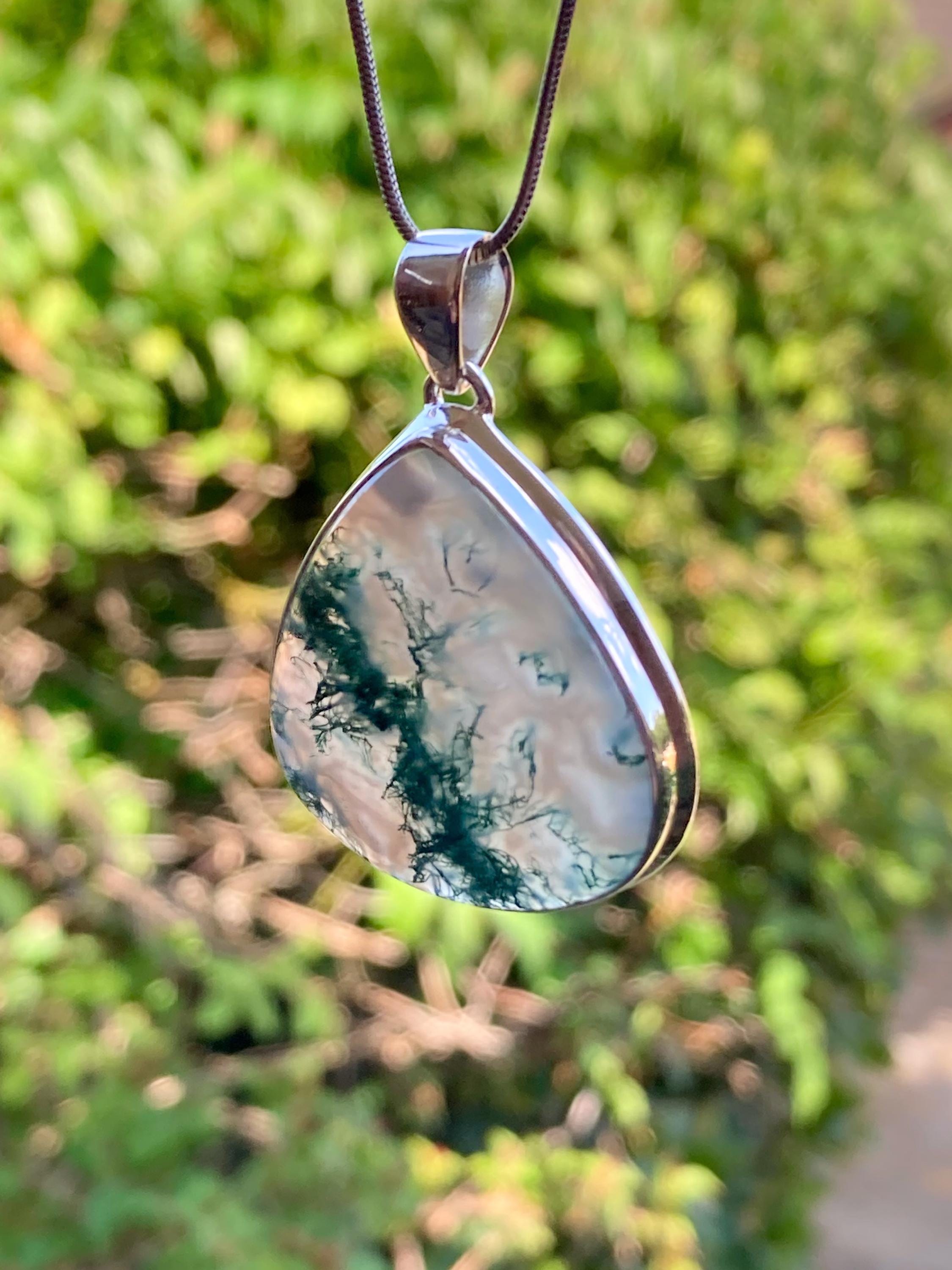 Moss Agate Silver Teardrop Pendant