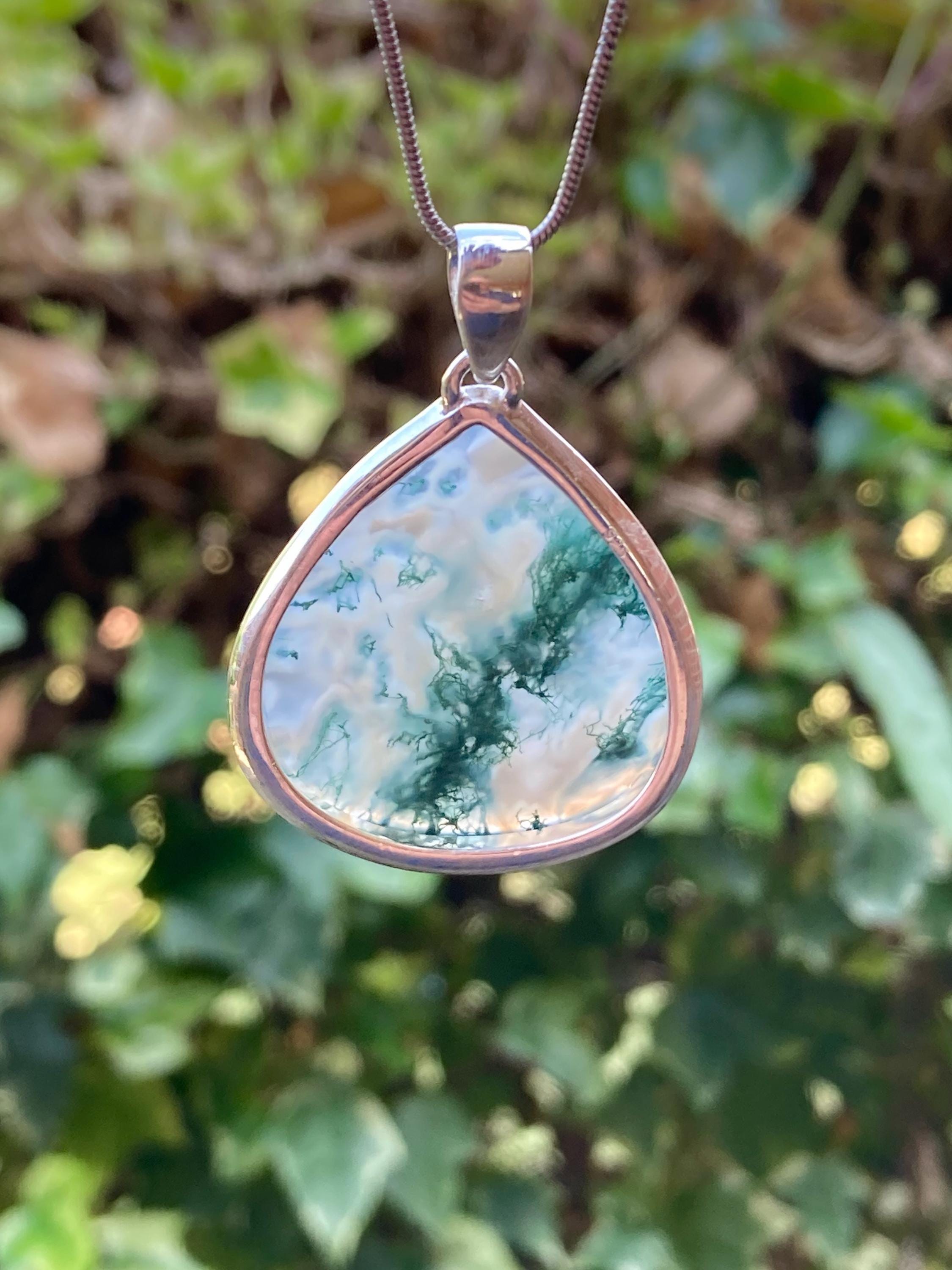 Moss Agate Silver Teardrop Pendant