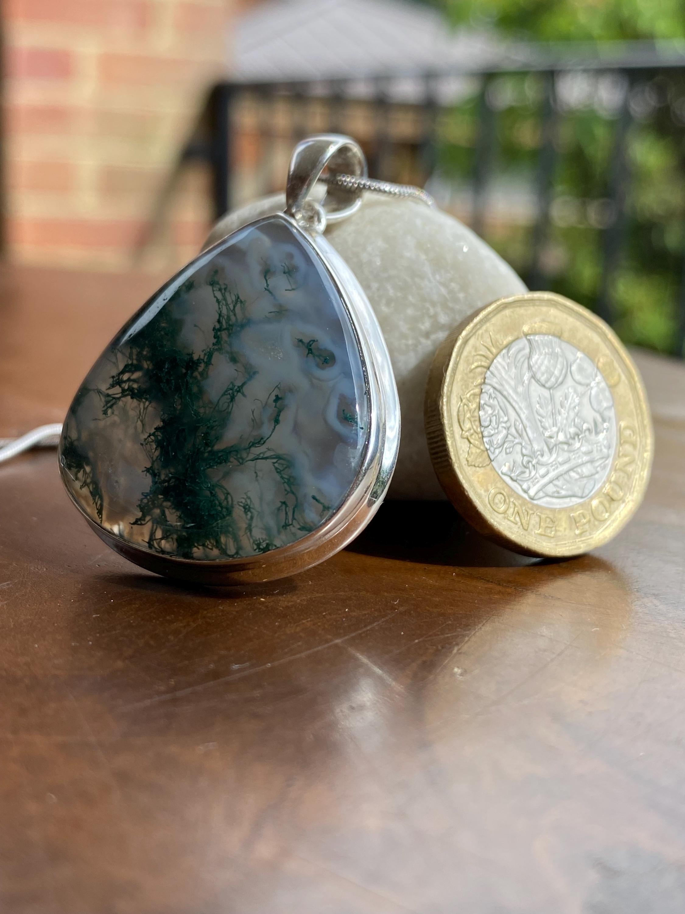 Moss Agate Silver Teardrop Pendant
