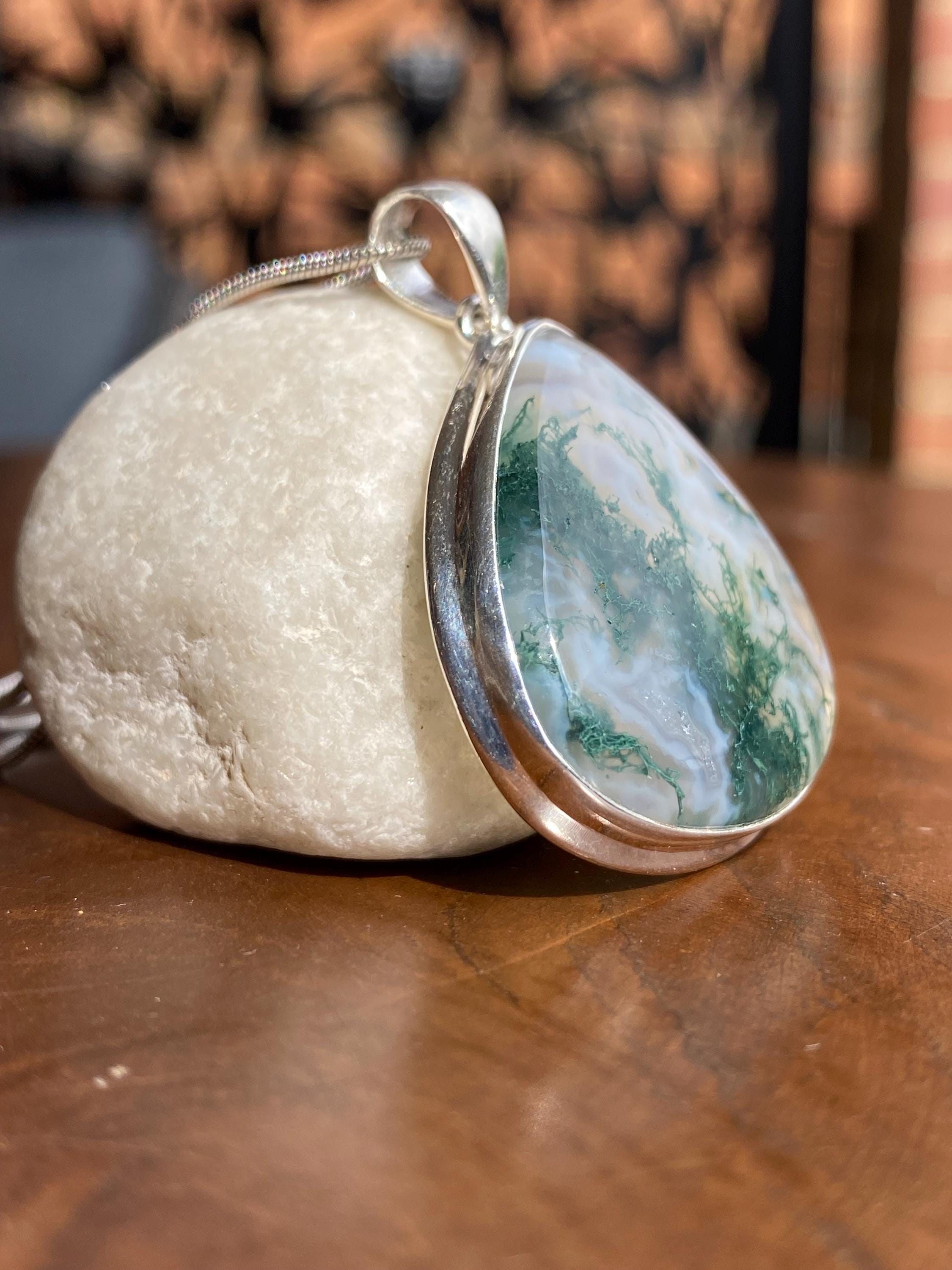 Moss Agate Silver Teardrop Pendant