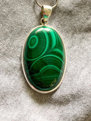 Large Malachite 925 Sterling Silver High Quality Oval Pendant
