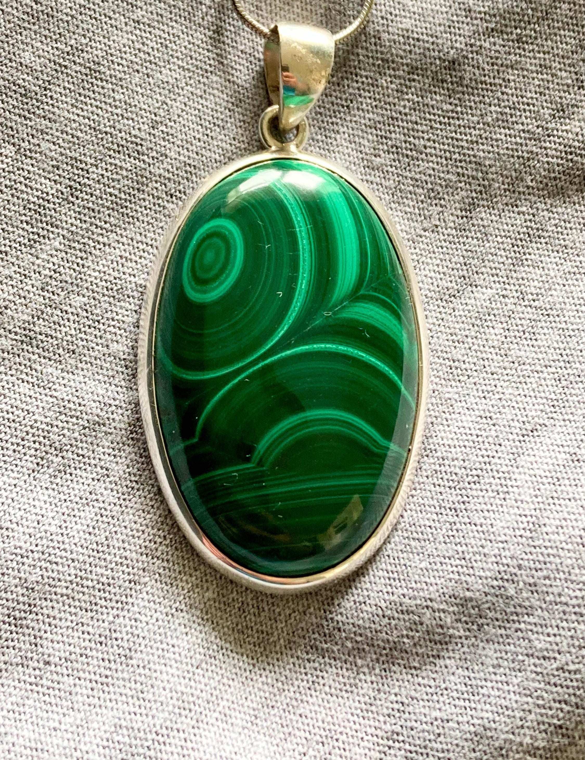 Large Malachite 925 Sterling Silver High Quality Oval Pendant