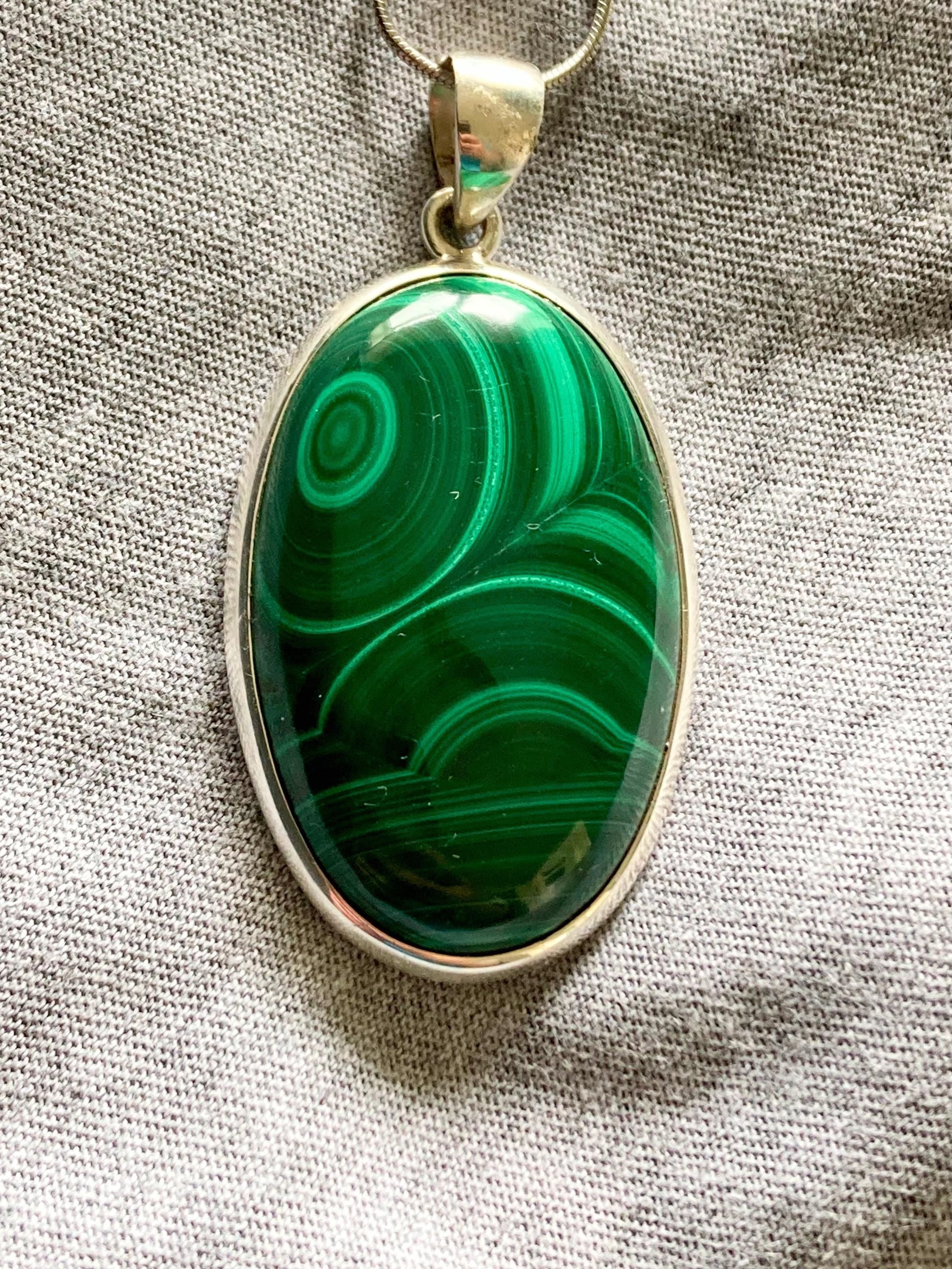 Large Malachite 925 Sterling Silver High Quality Oval Pendant