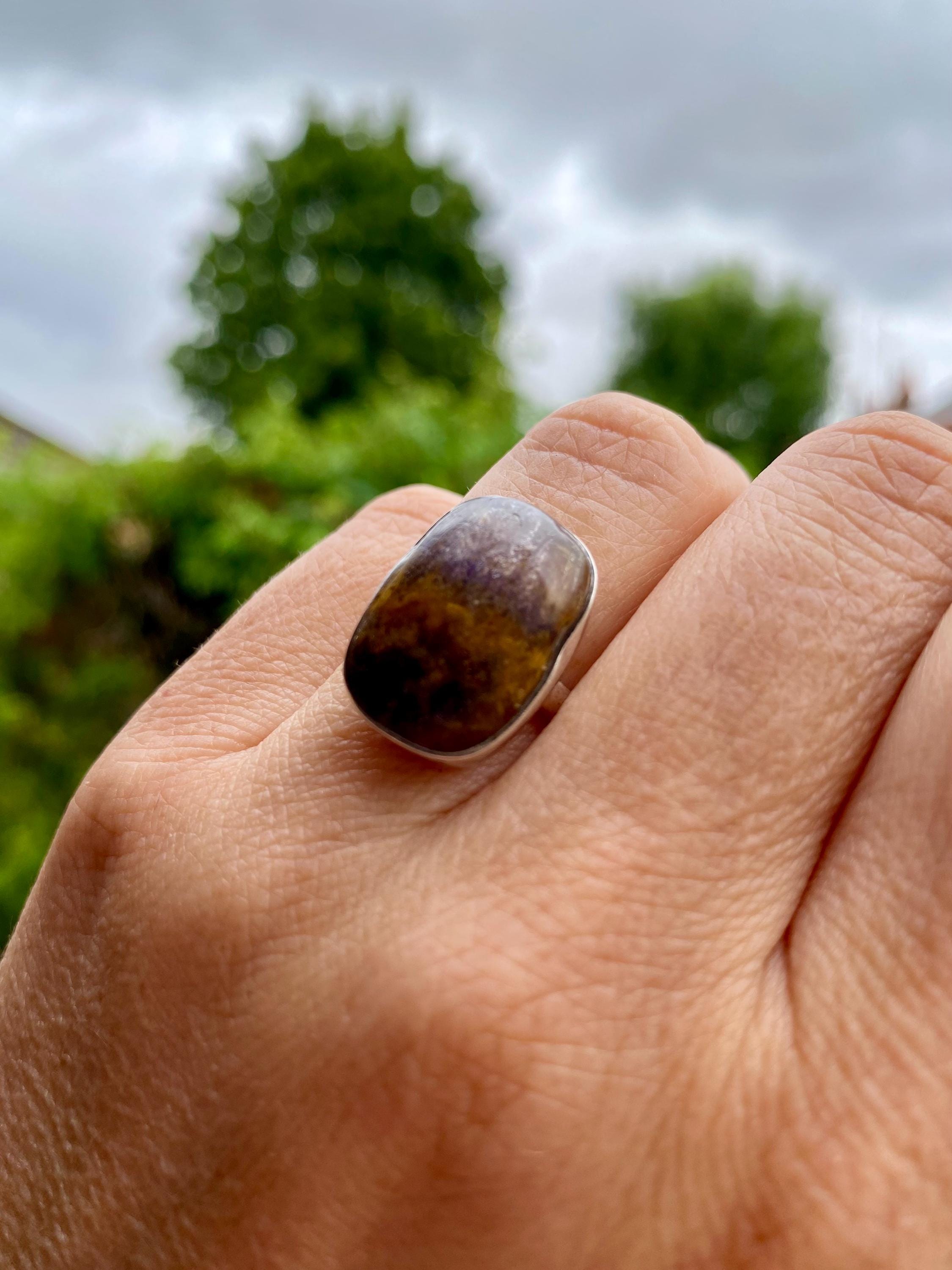 Extremely Rare Blue John 925 Sterling Silver Rectangular Ring