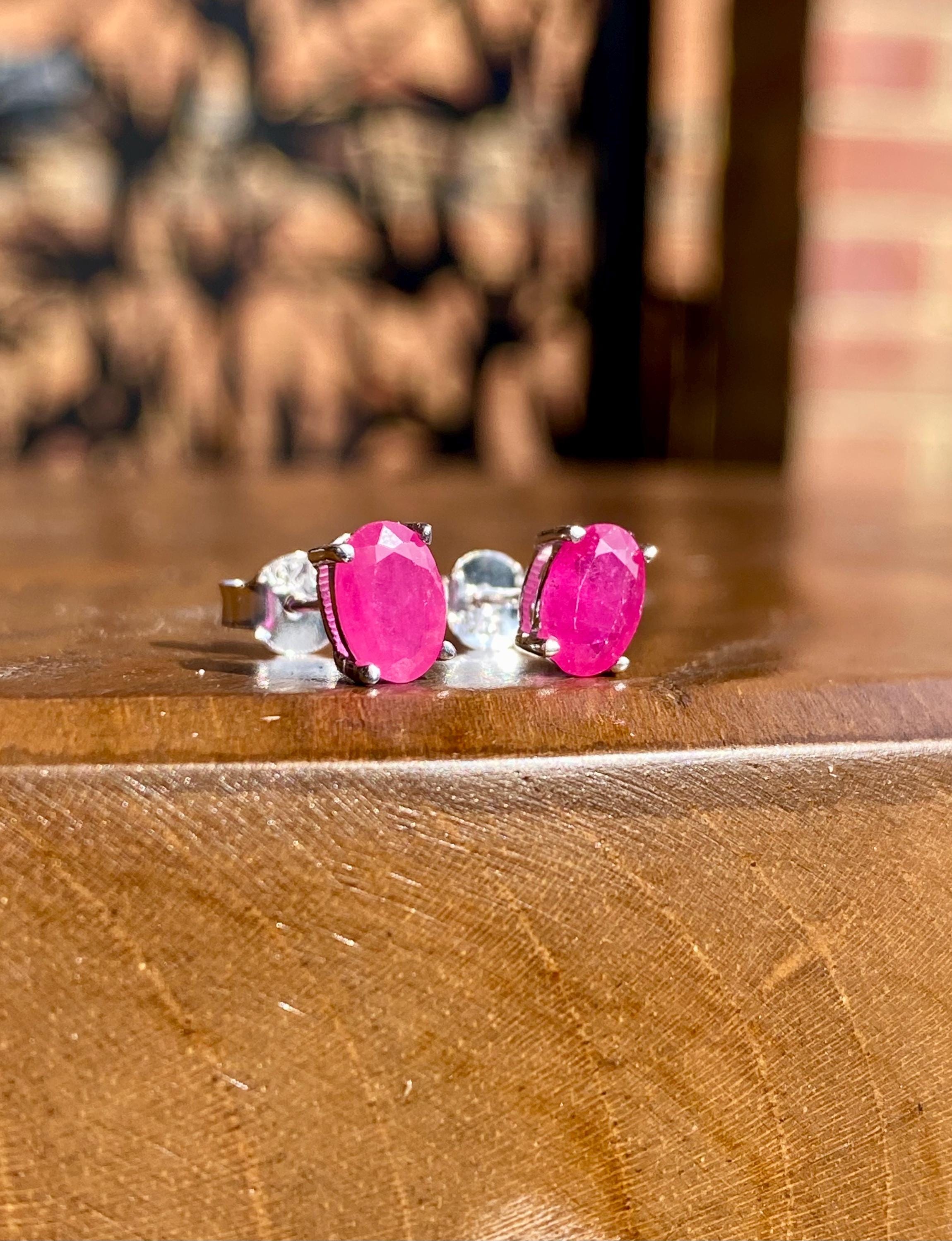 Genuine Ruby 925 Sterling Silver Oval Stud Earrings