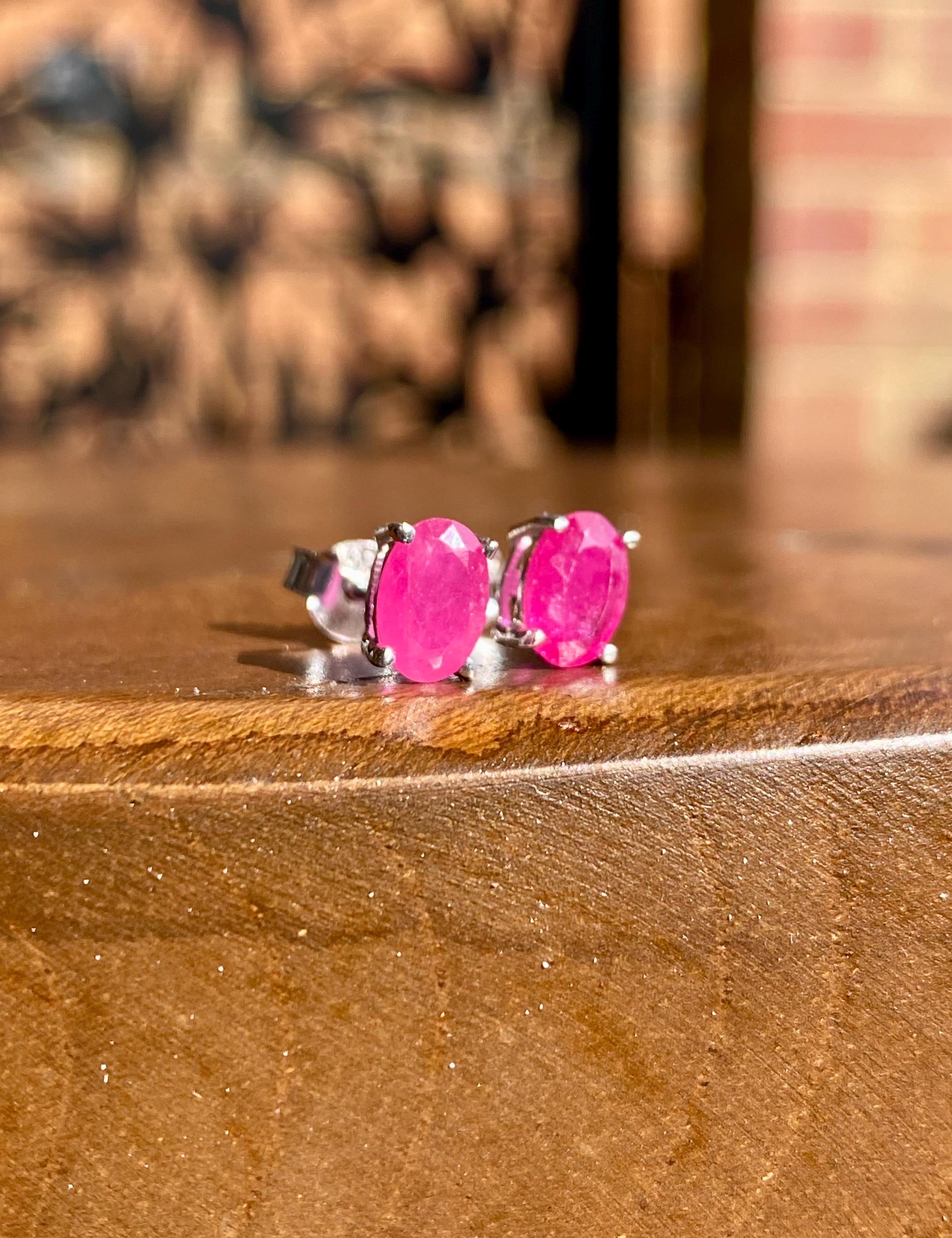 Genuine Ruby 925 Sterling Silver Oval Stud Earrings