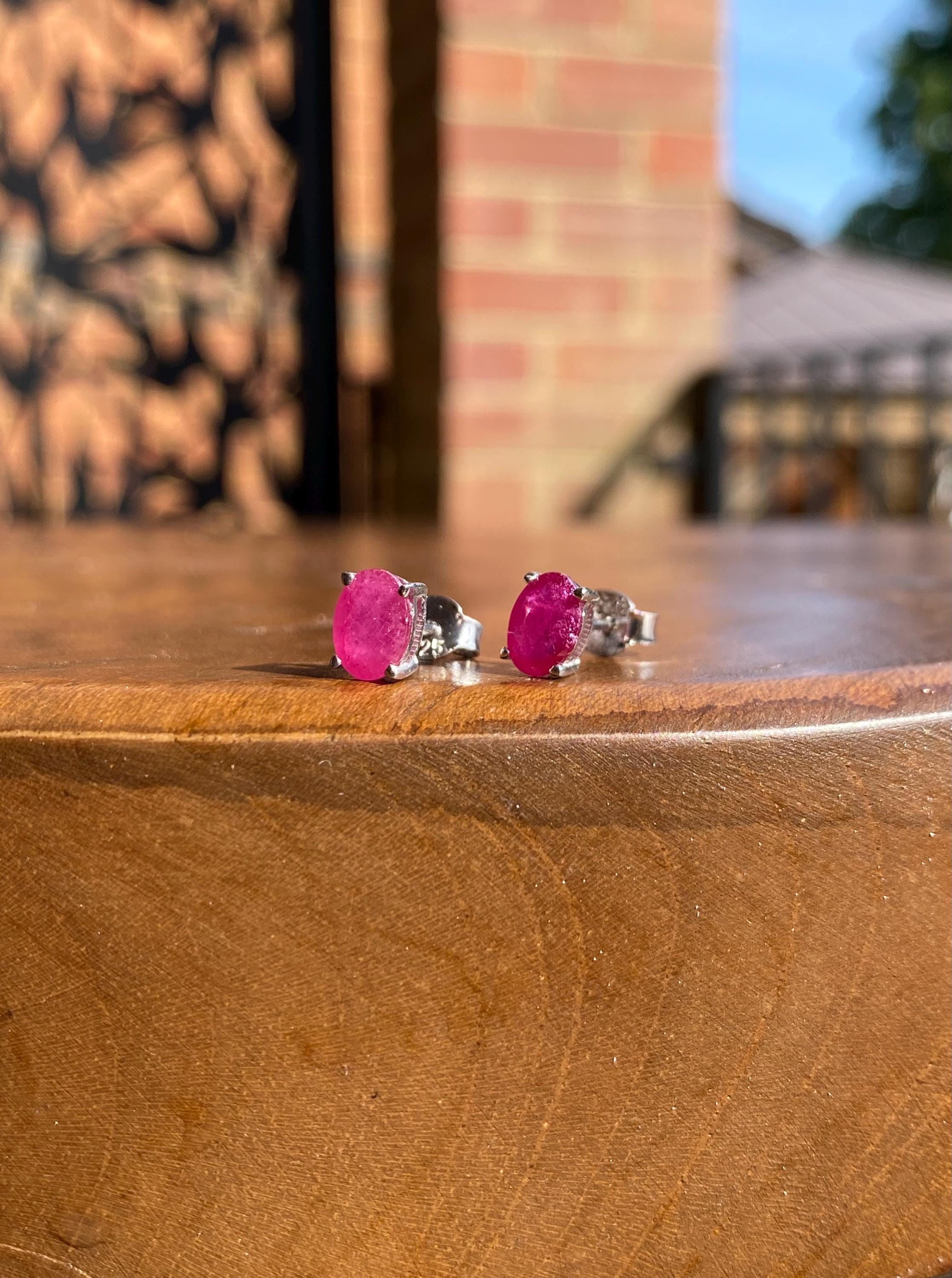 Genuine Ruby 925 Sterling Silver Oval Stud Earrings