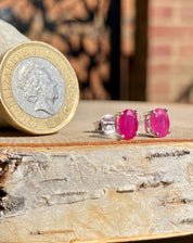 Genuine Ruby 925 Sterling Silver Oval Stud Earrings