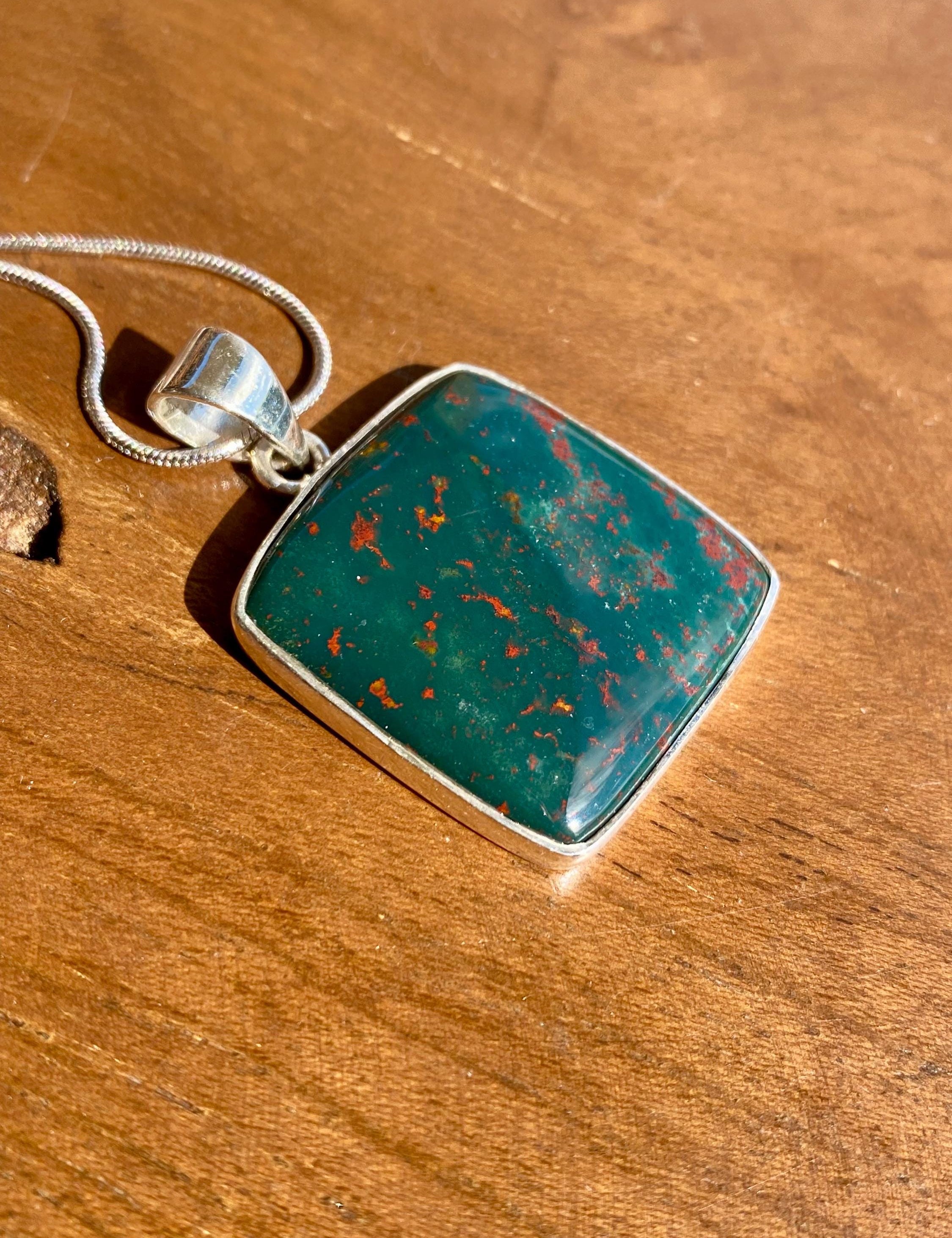 Square African Dragon Bloodstone 925 Sterling Silver Pendant