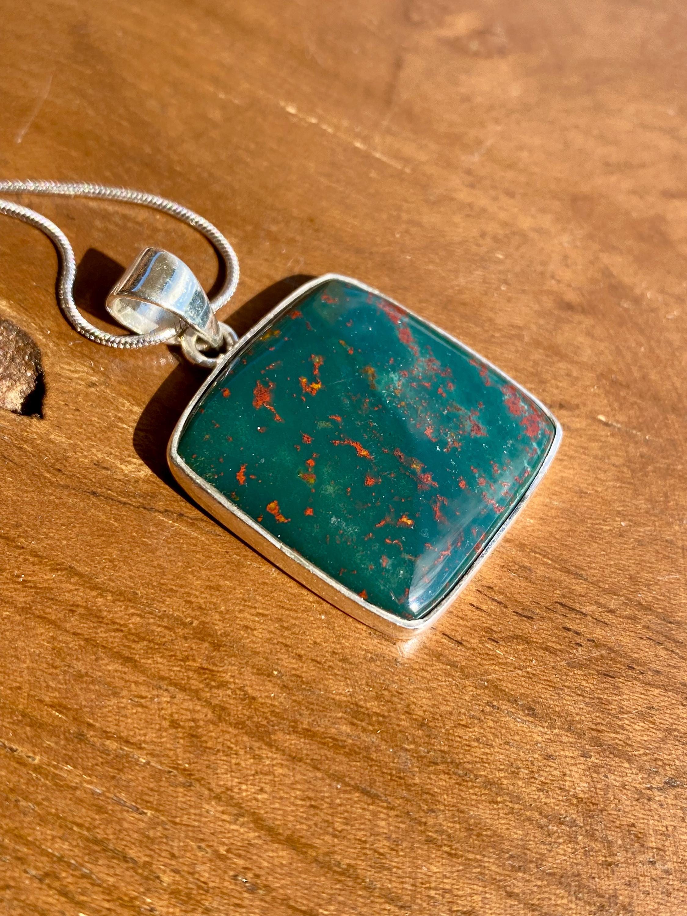 Square African Dragon Bloodstone 925 Sterling Silver Pendant