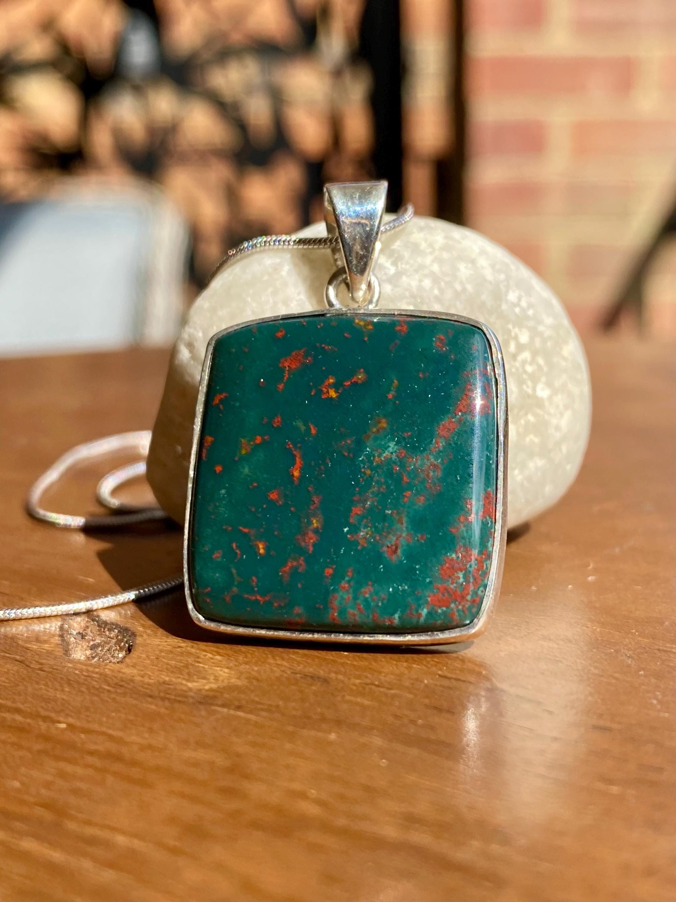 Square African Dragon Bloodstone 925 Sterling Silver Pendant