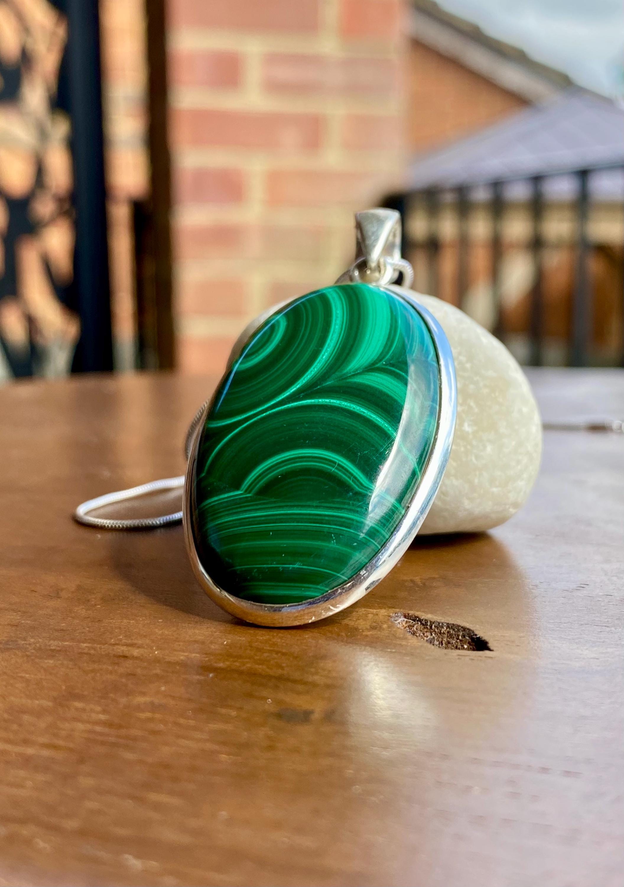 Large Malachite 925 Sterling Silver High Quality Oval Pendant
