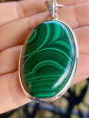 Large Malachite 925 Sterling Silver High Quality Oval Pendant