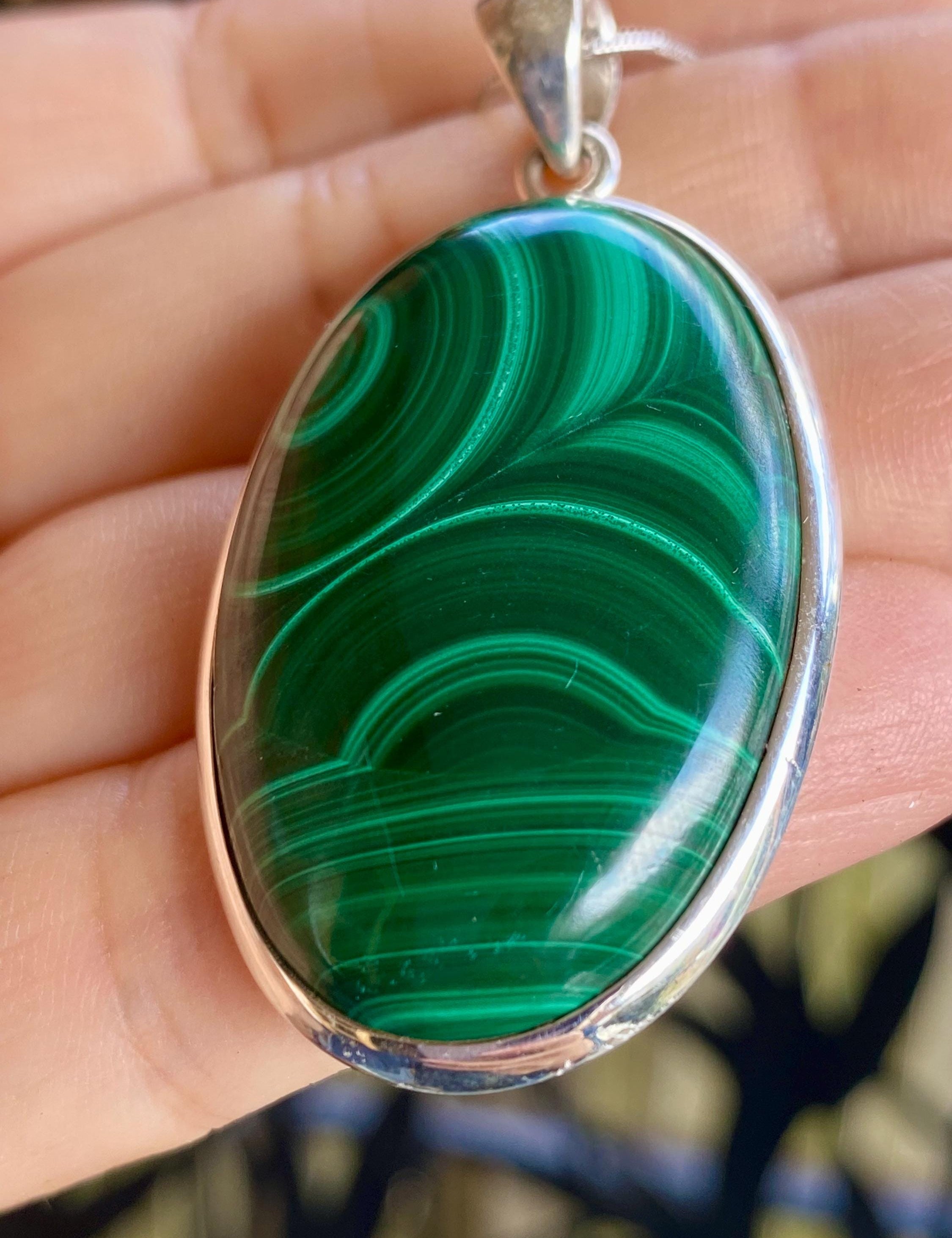 Large Malachite 925 Sterling Silver High Quality Oval Pendant