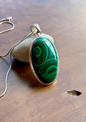 Large Malachite 925 Sterling Silver High Quality Oval Pendant