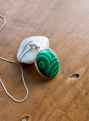 Large Malachite 925 Sterling Silver High Quality Oval Pendant