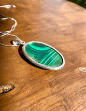 Large Malachite 925 Sterling Silver High Quality Oval Pendant