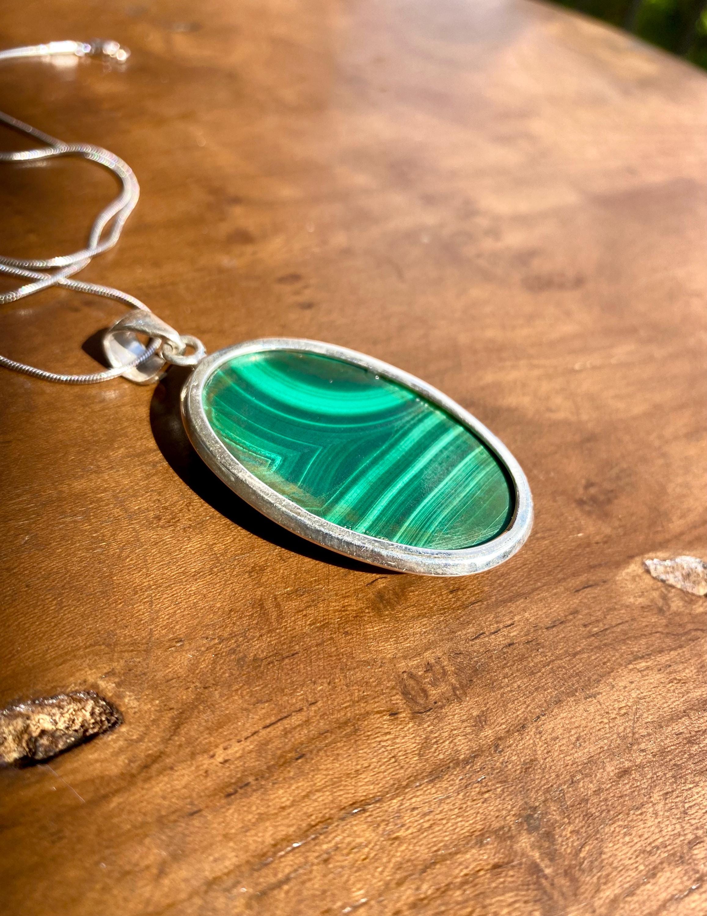 Large Malachite 925 Sterling Silver High Quality Oval Pendant