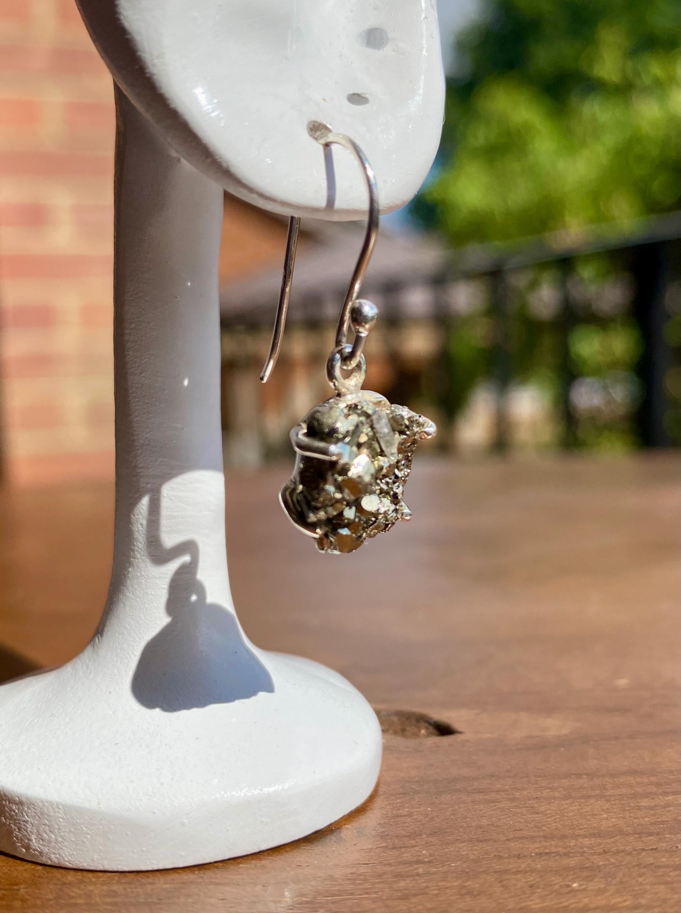 Hexagon cut Pyrite Druzy 925 Sterling Silver Dangle Earrings