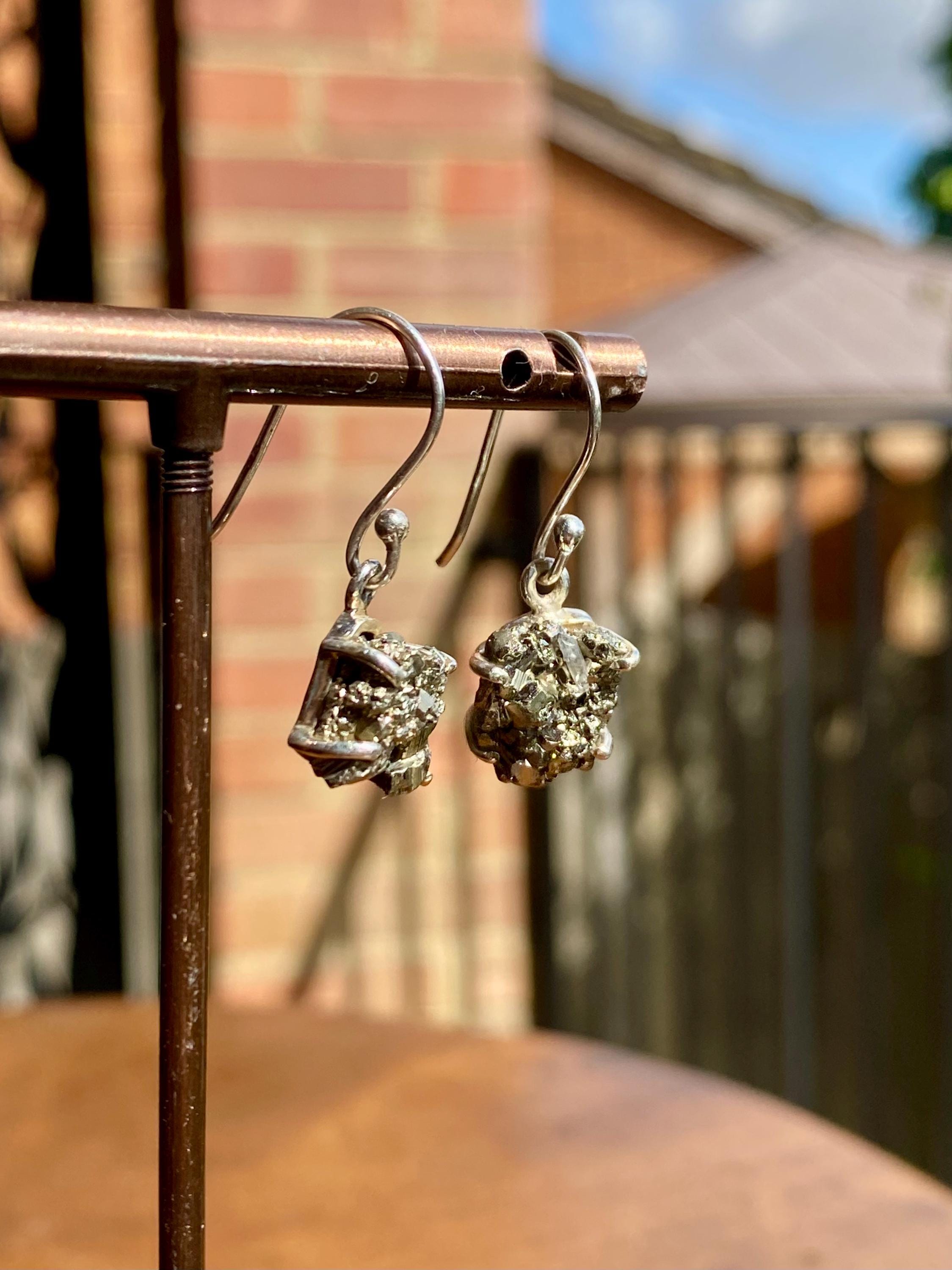 Hexagon cut Pyrite Druzy 925 Sterling Silver Dangle Earrings