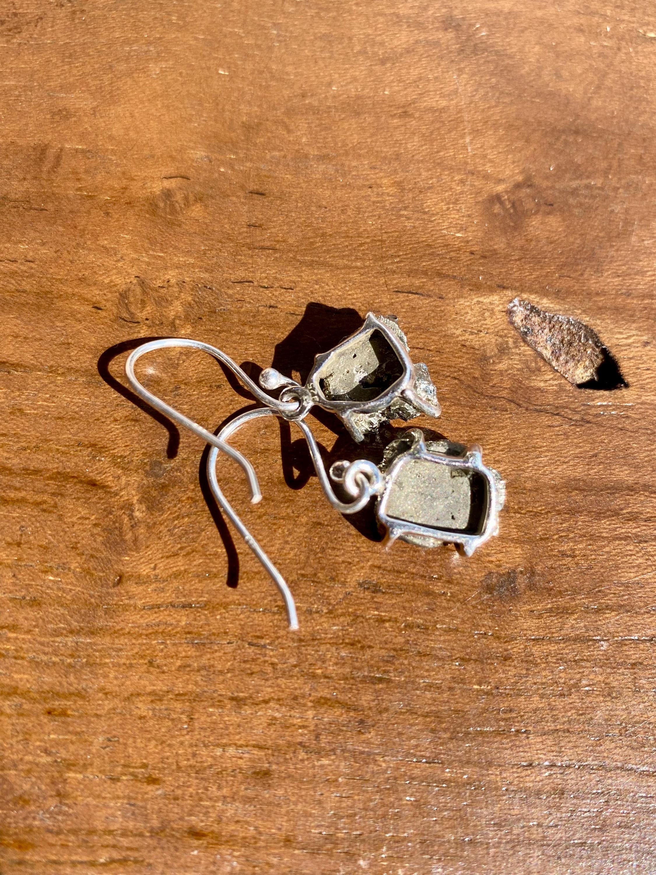 Hexagon cut Pyrite Druzy 925 Sterling Silver Dangle Earrings