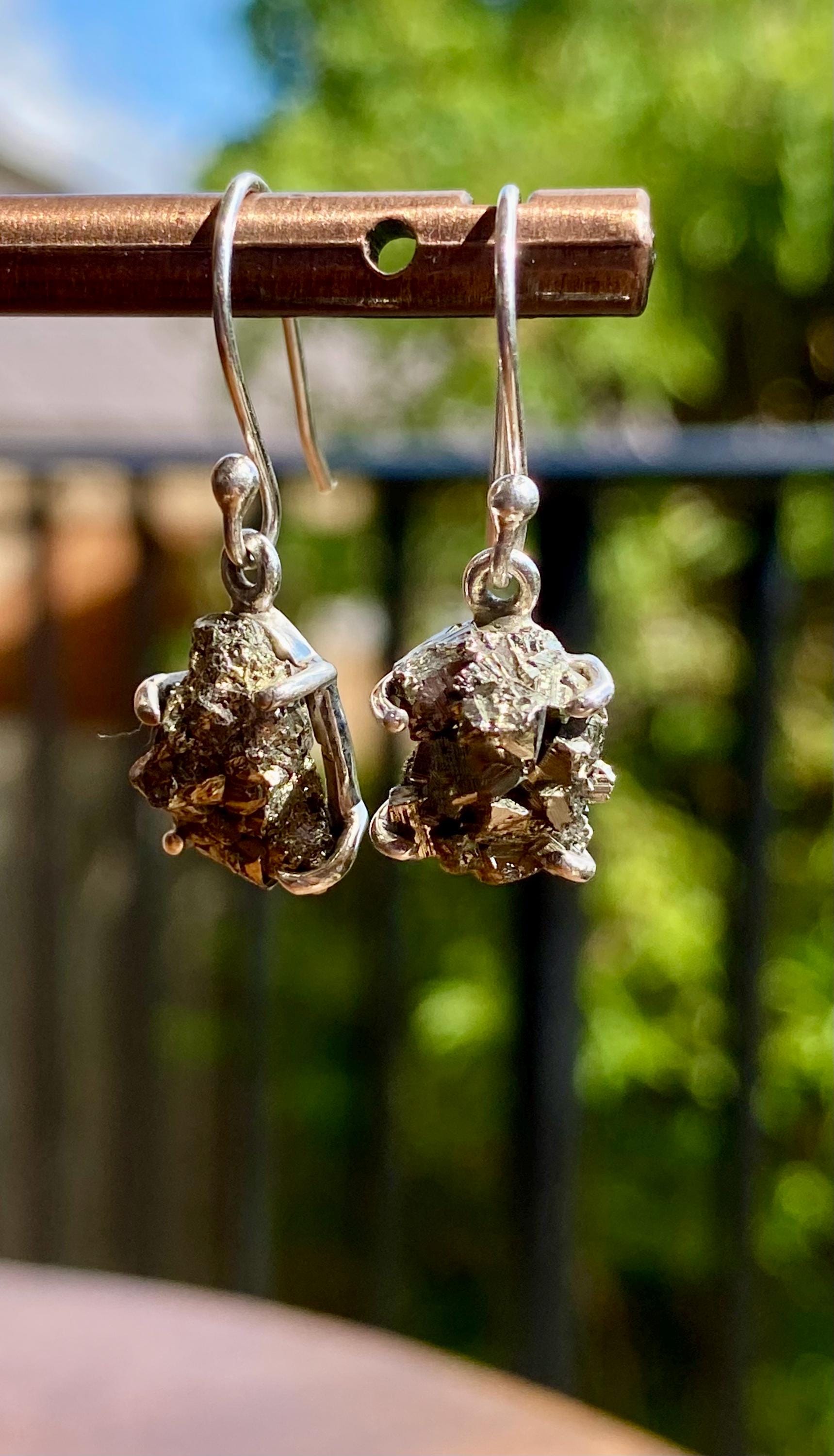 Hexagon cut Pyrite Druzy 925 Sterling Silver Dangle Earrings