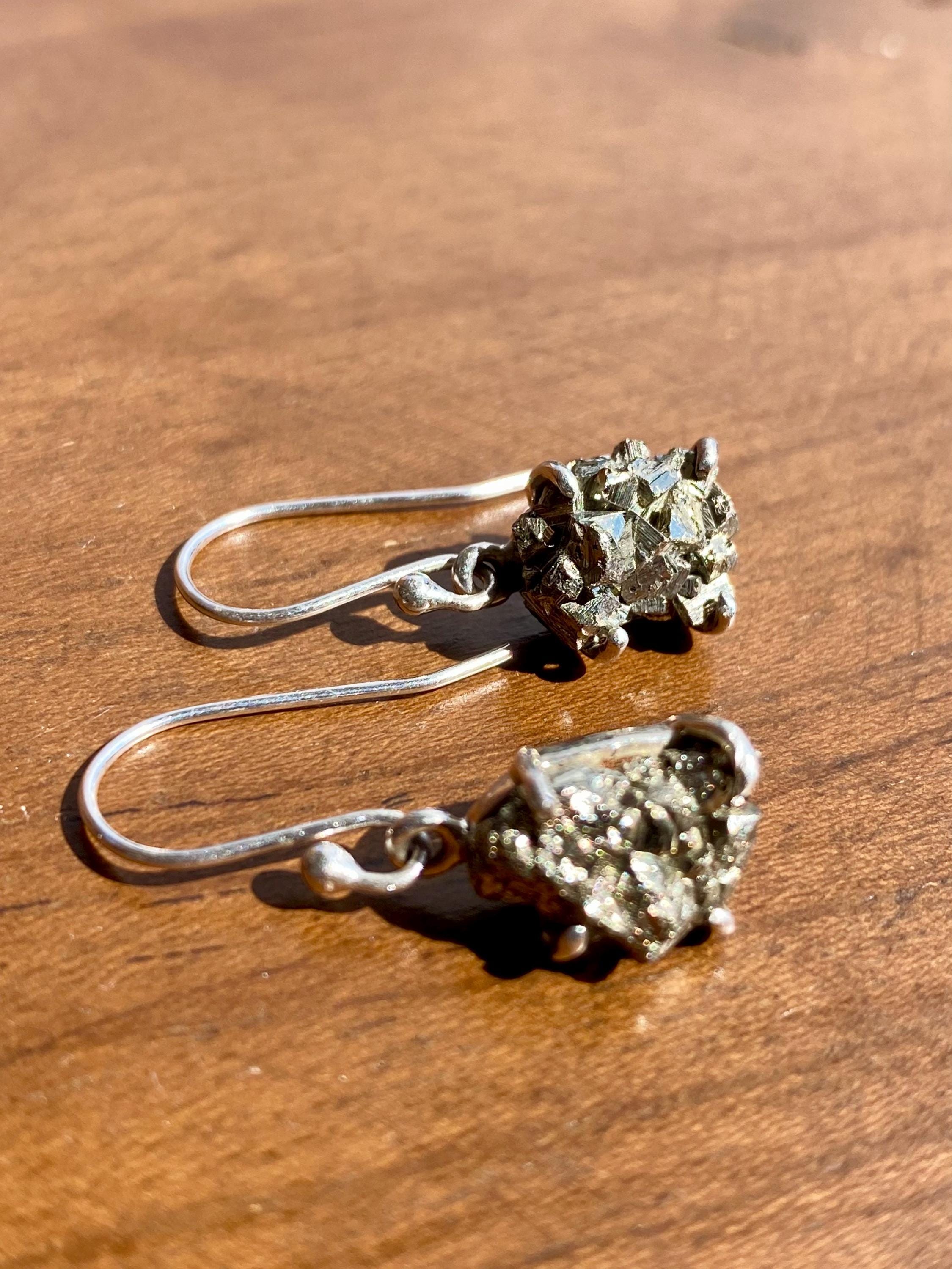 Hexagon cut Pyrite Druzy 925 Sterling Silver Dangle Earrings