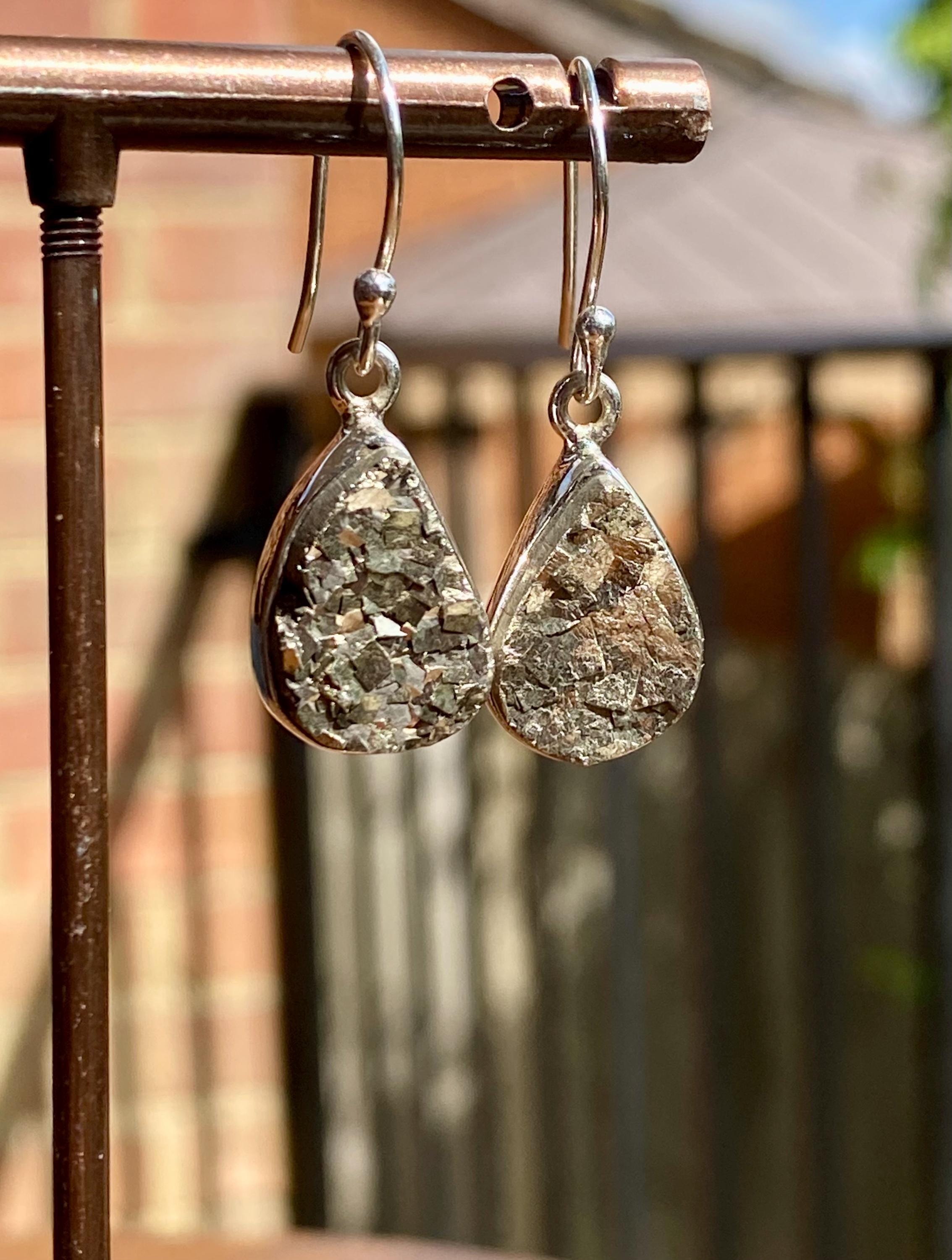 Teardrop Pyrite Druzy 925 Sterling Silver Dangle Earrings