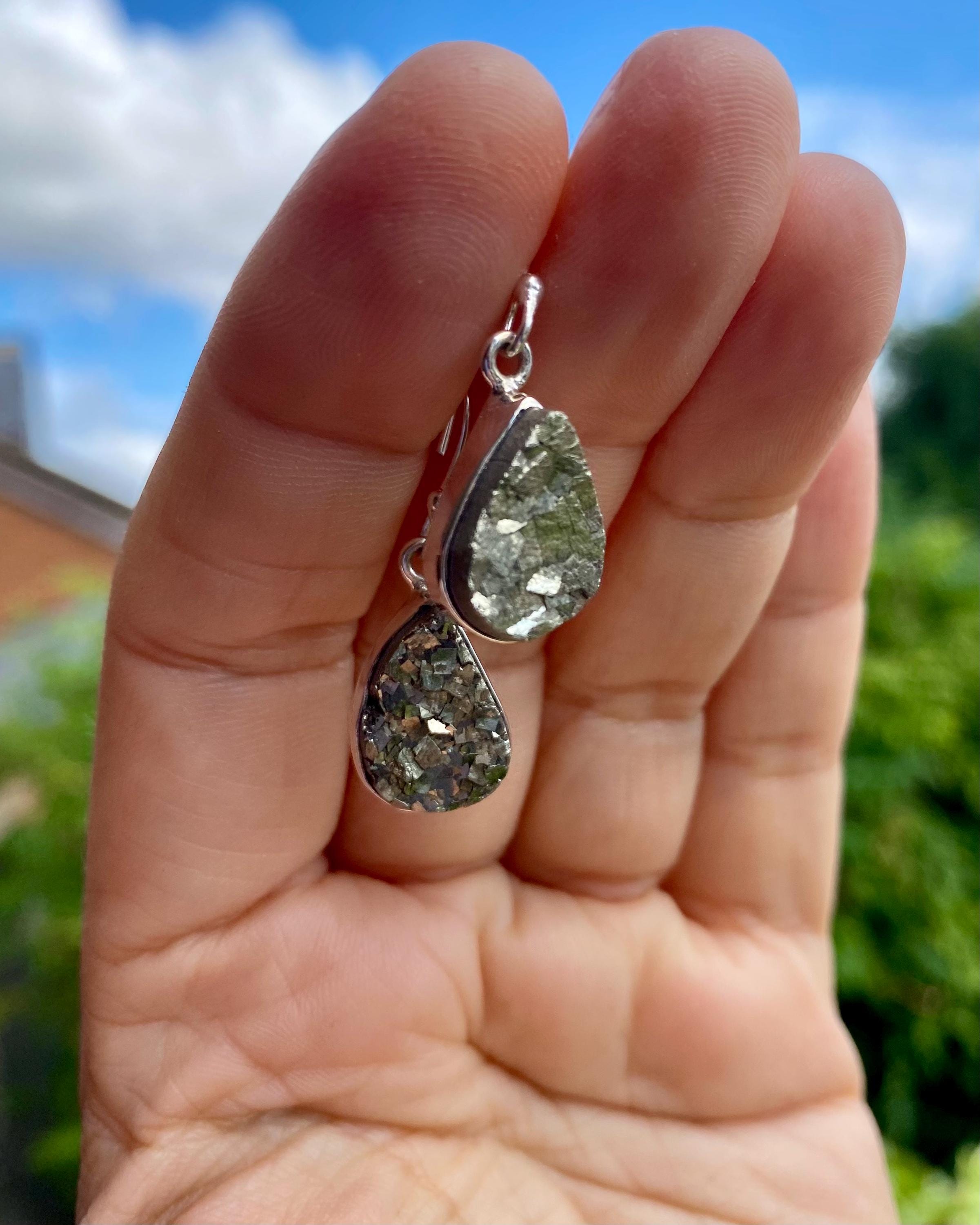 Teardrop Pyrite Druzy 925 Sterling Silver Dangle Earrings