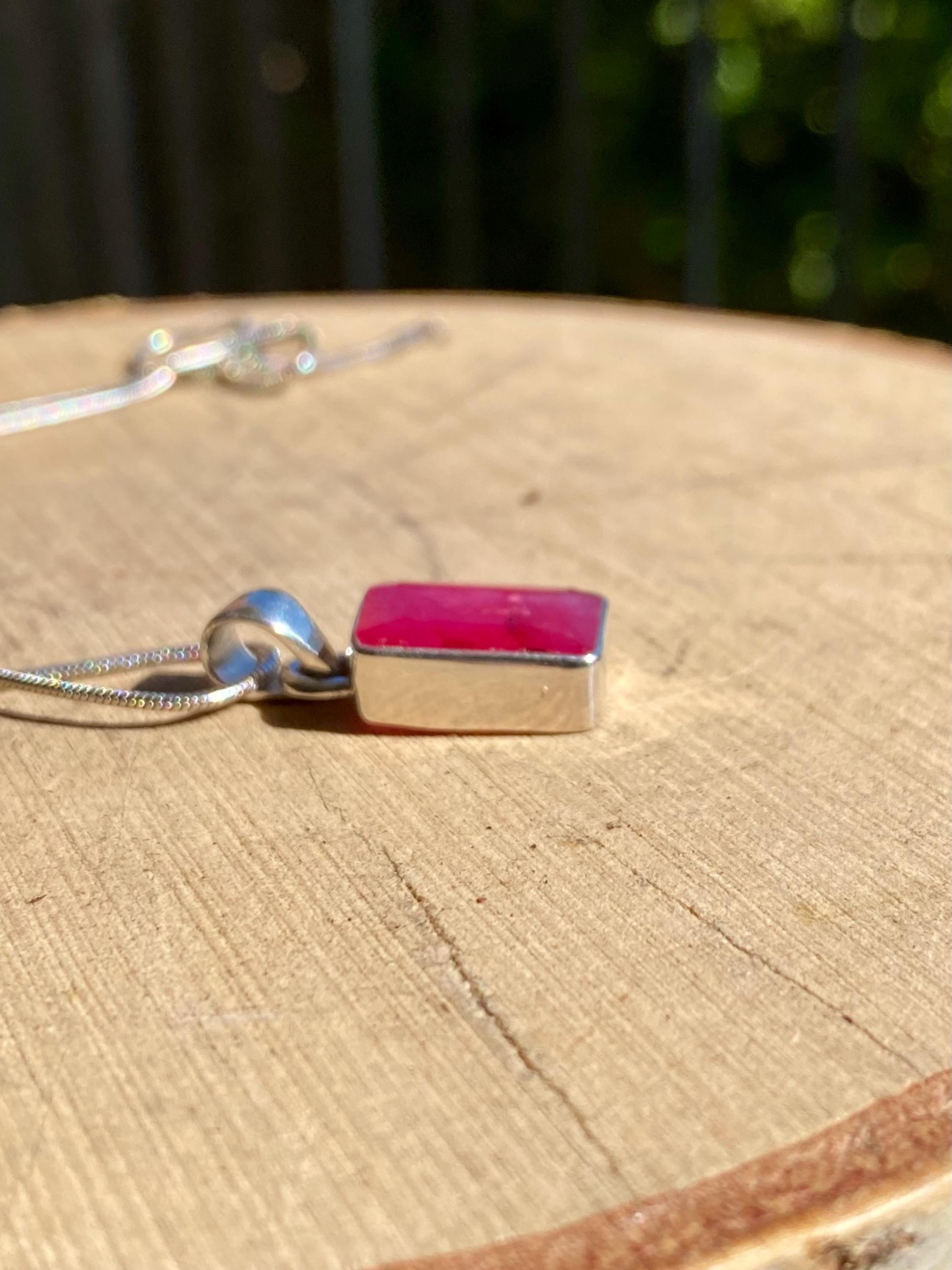 Emerald Cut Raw Ruby 925 Sterling Silver Pendant