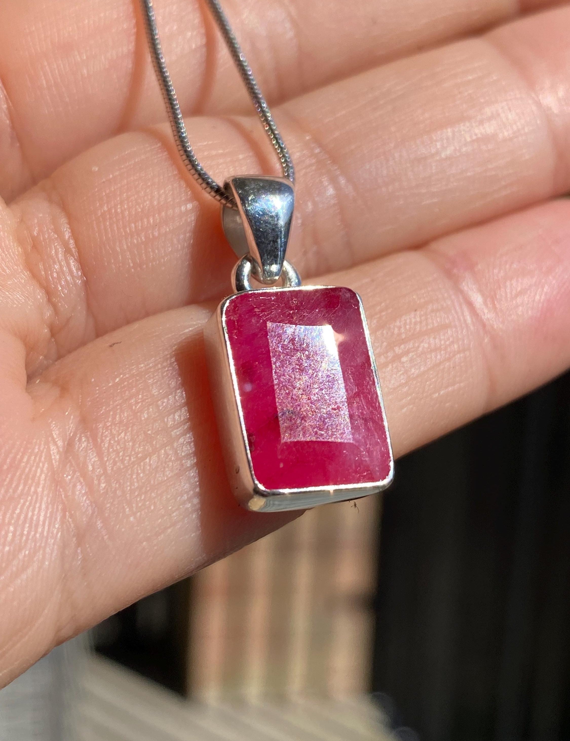 Emerald Cut Raw Ruby 925 Sterling Silver Pendant