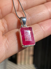 Raw Ruby Pendant: Emerald Cut Sterling Silver Necklace, July Birthstone