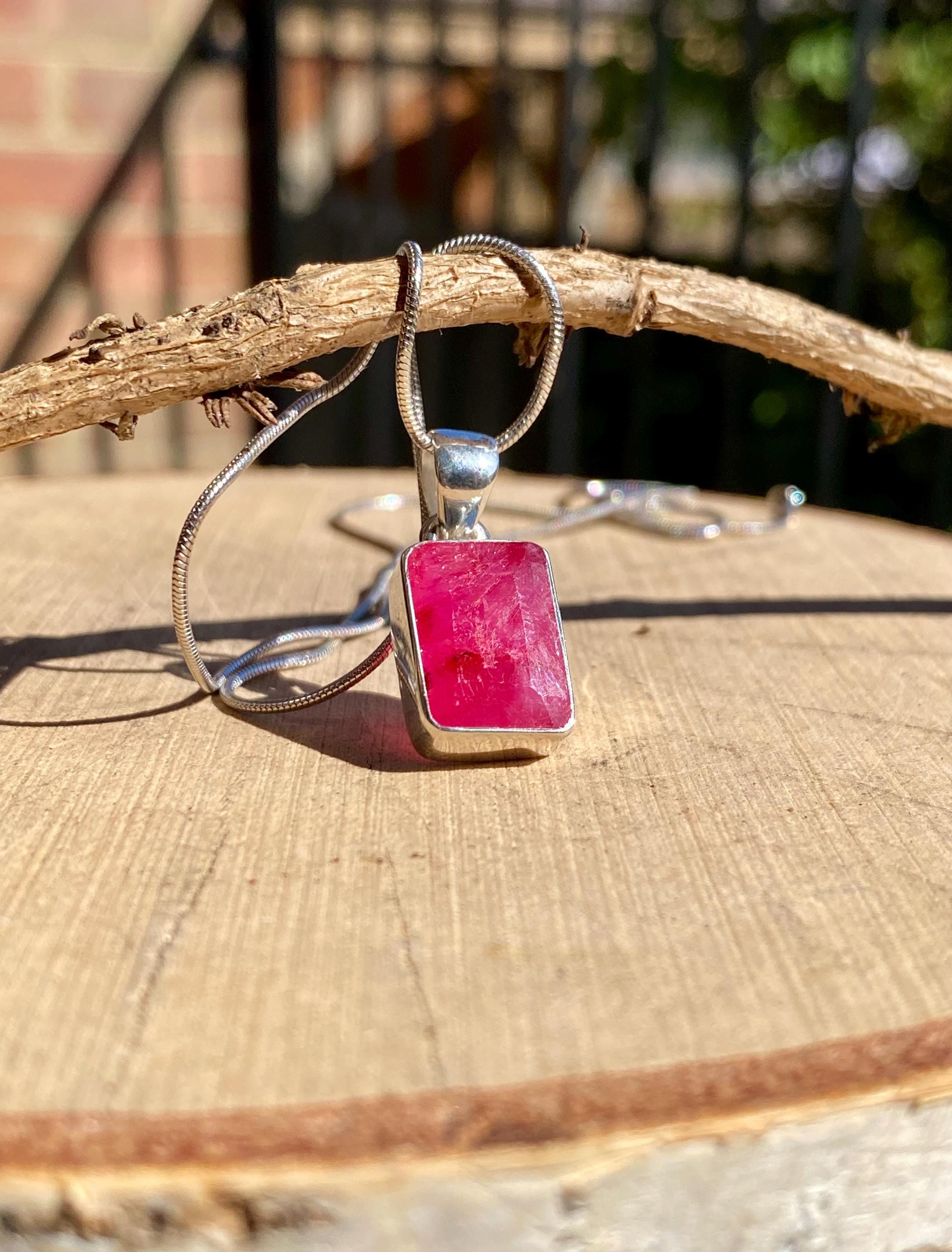 Emerald Cut Raw Ruby 925 Sterling Silver Pendant