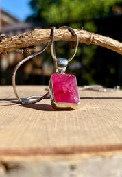 Emerald Cut Raw Ruby 925 Sterling Silver Pendant
