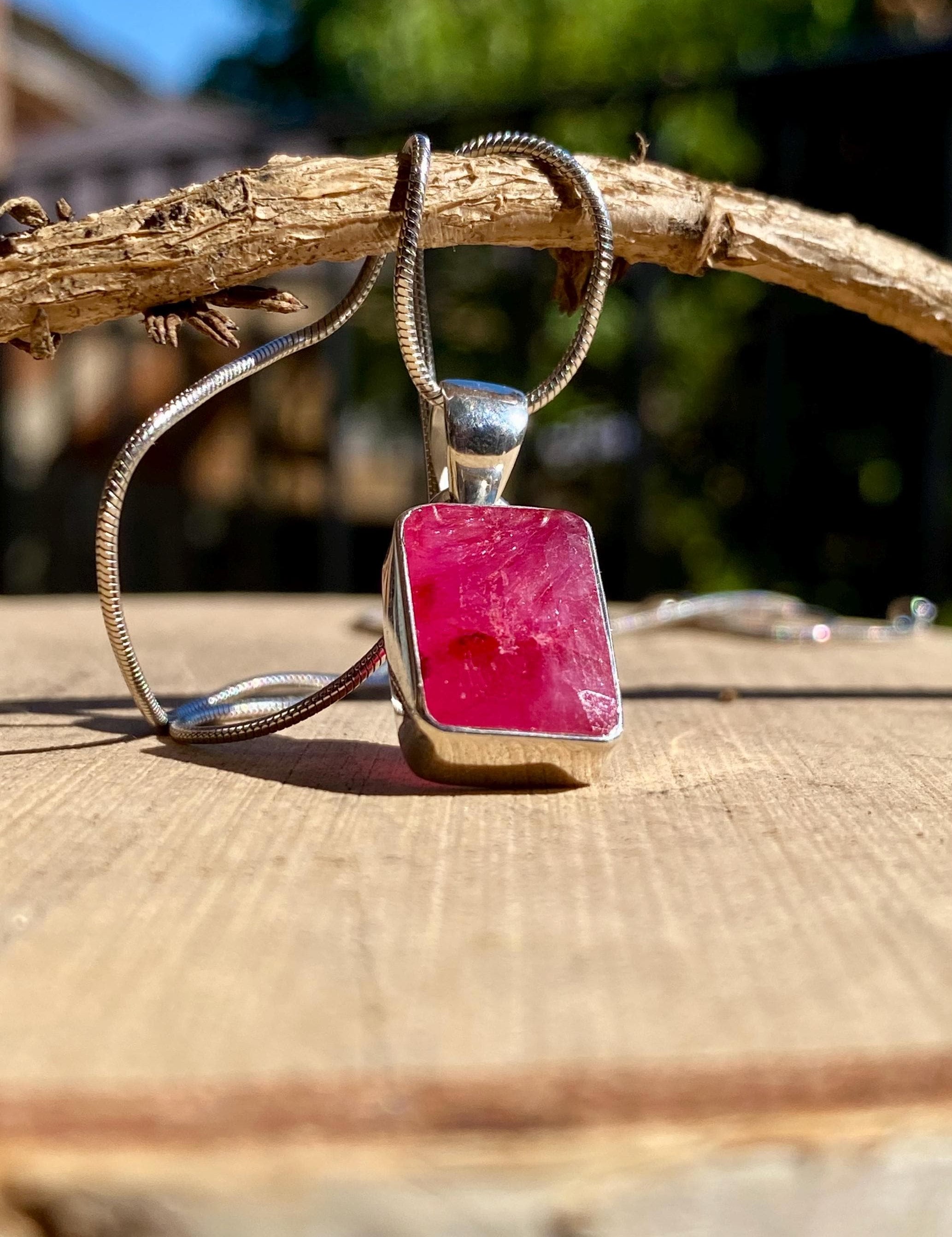 Emerald Cut Raw Ruby 925 Sterling Silver Pendant