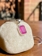 Emerald Cut Ruby Pendant: 925 Sterling Silver Bezel, July Birthstone