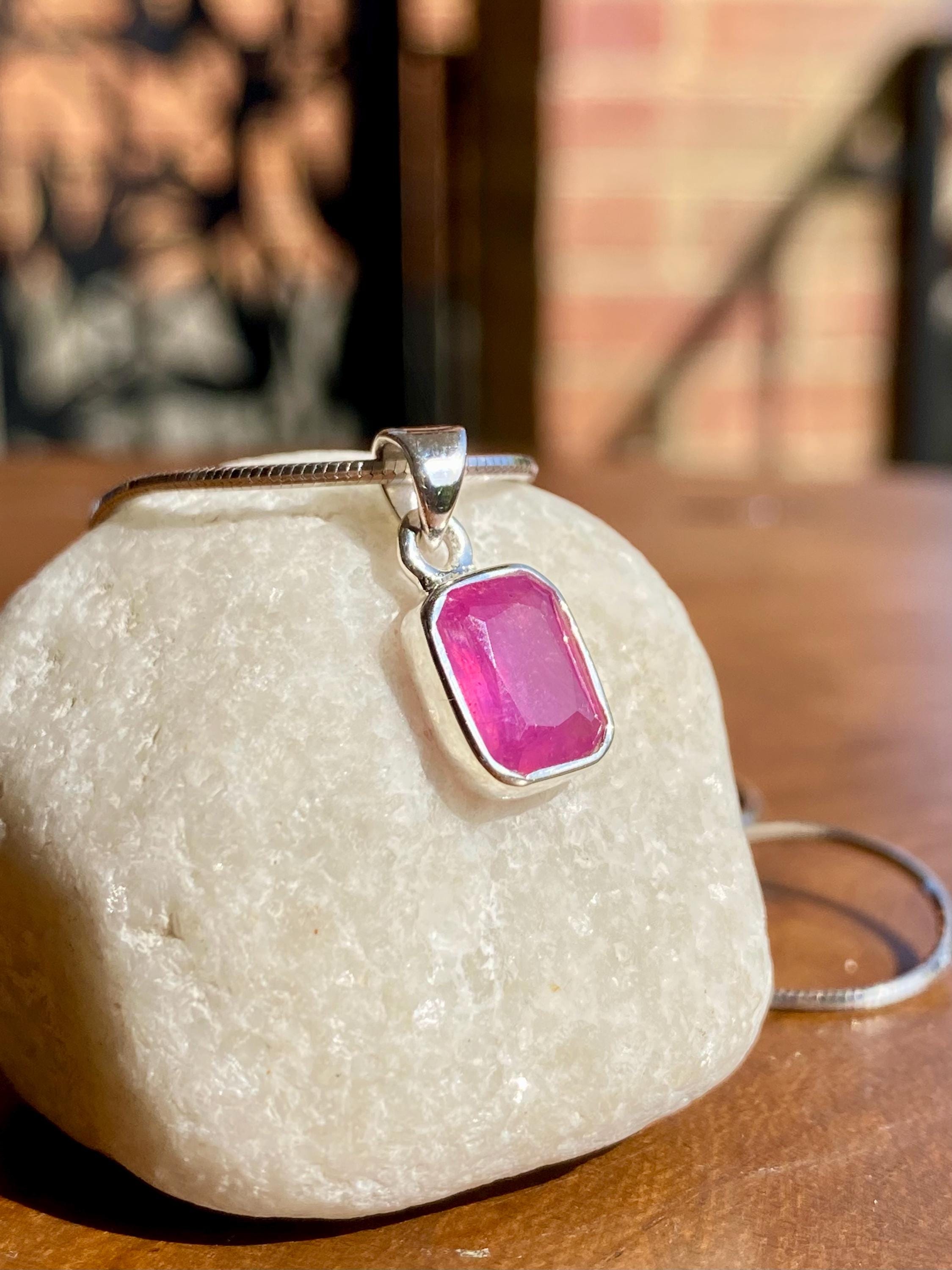 Emerald Cut Ruby Pendant: 925 Sterling Silver Bezel, July Birthstone