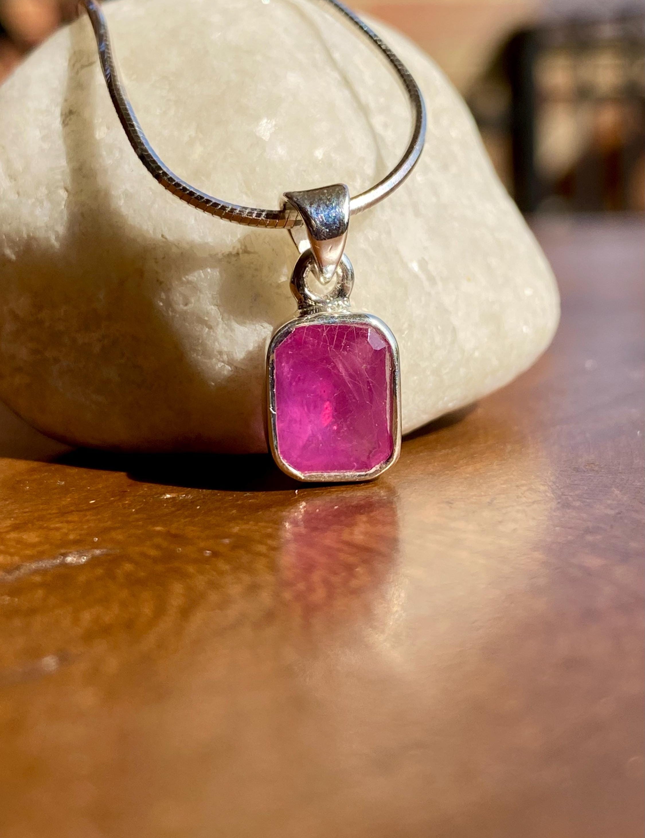 Natural African Emerald Cut Ruby 925 Sterling Silver Pendant