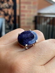 Oval Raw Sapphire 925 Sterling Silver Ring