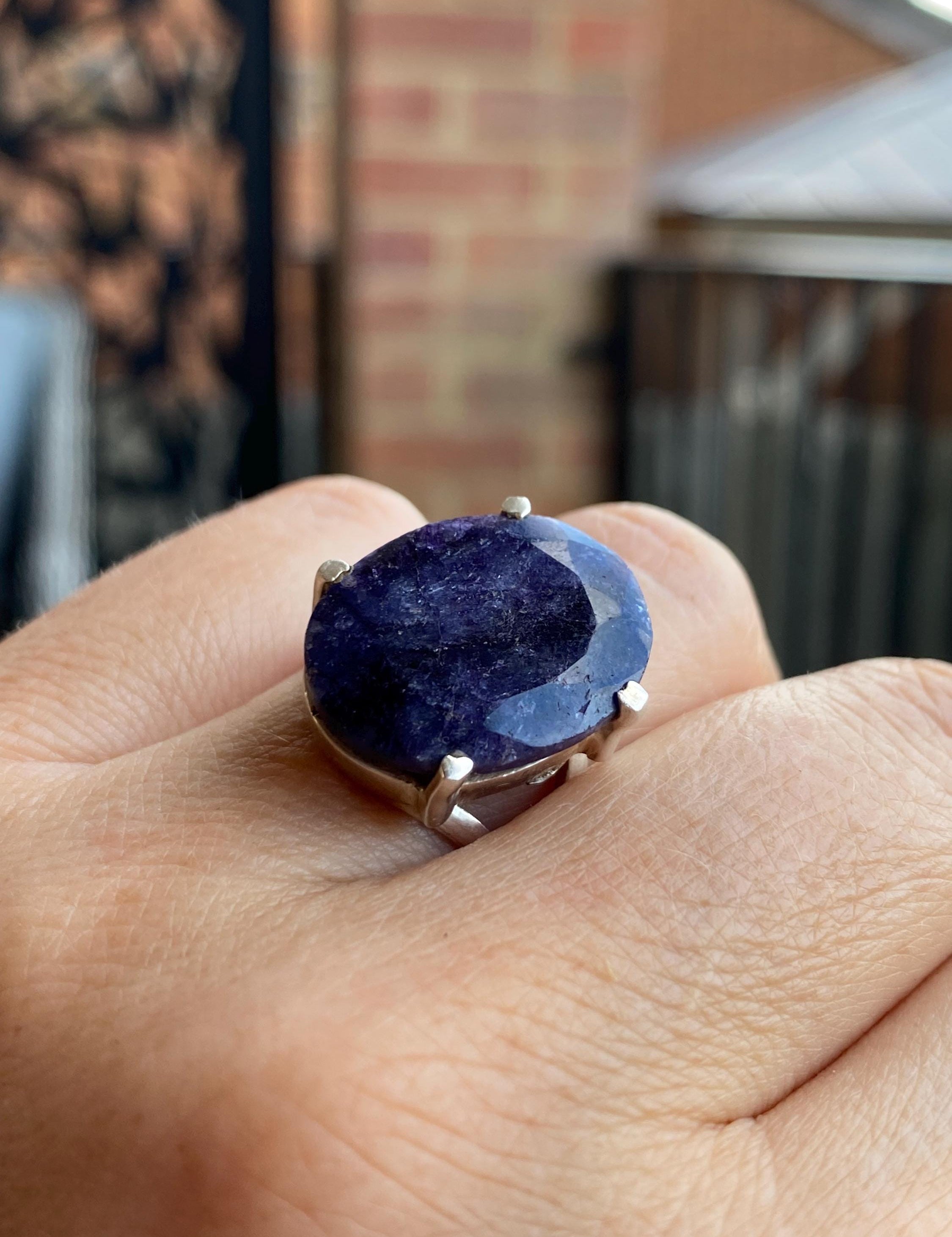 Oval Raw Sapphire 925 Sterling Silver Ring