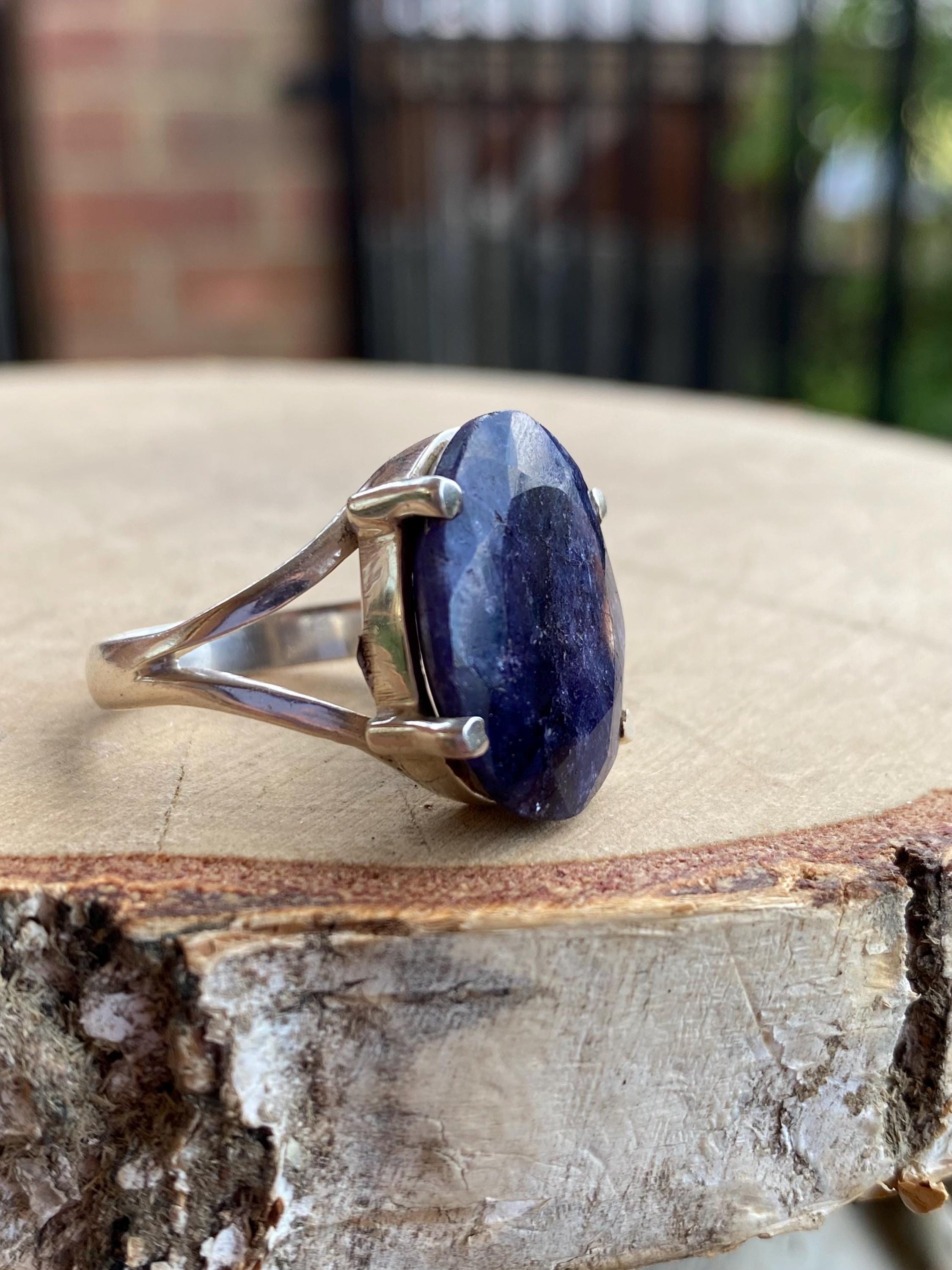 Oval Raw Sapphire 925 Sterling Silver Ring
